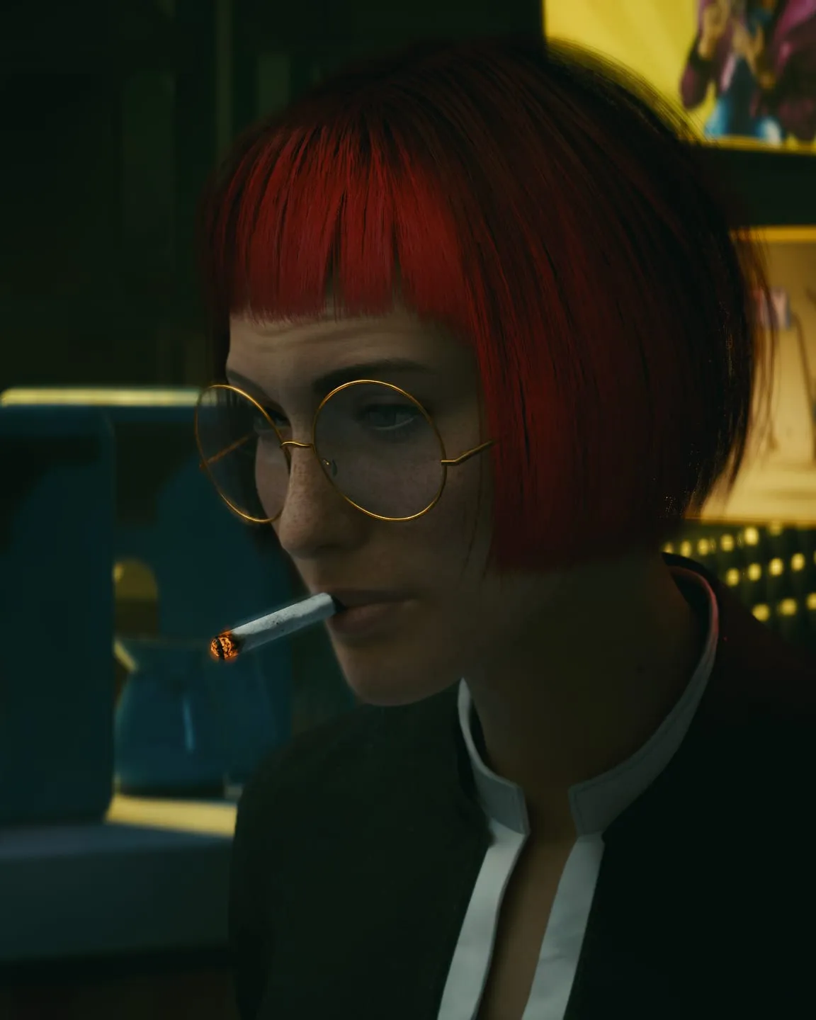 Red-bobbed woman in round glasses, cigarette in mouth