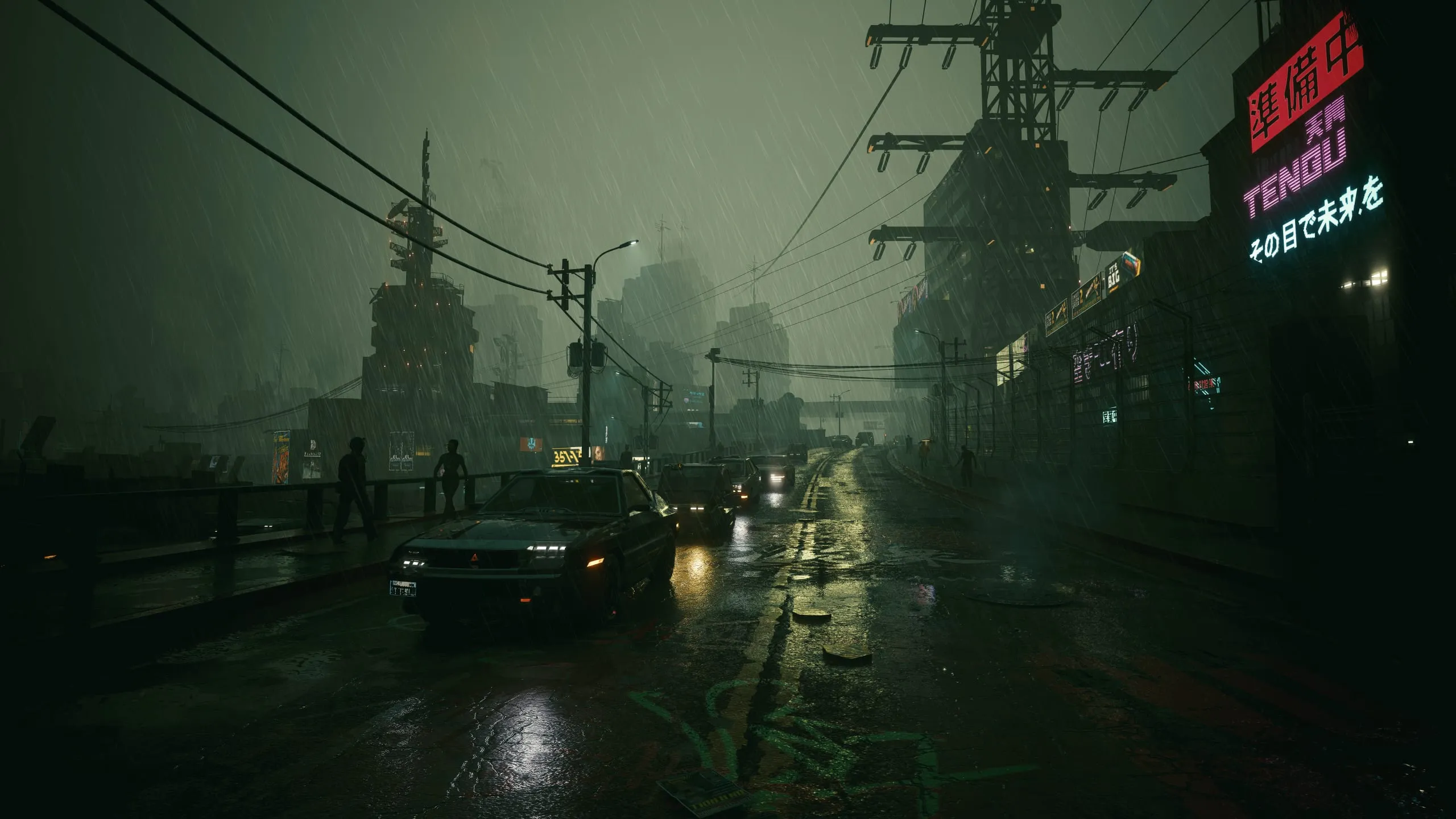 Rain-soaked street under power lines, neon signs glowing through fog
