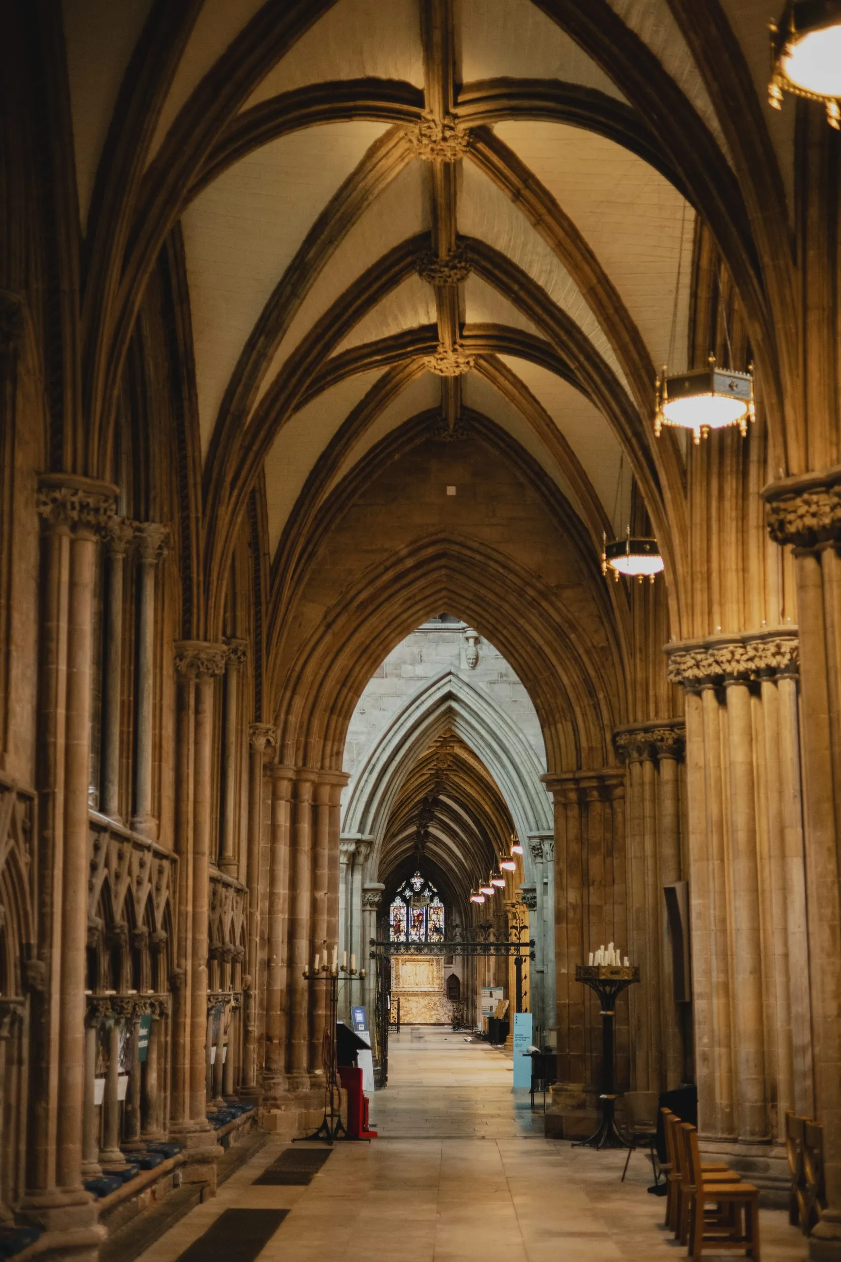 Long vaulted cathedral aisle receding into light