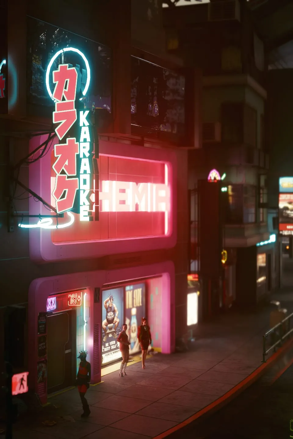 Narrow storefront lit by vertical pink neon at night
