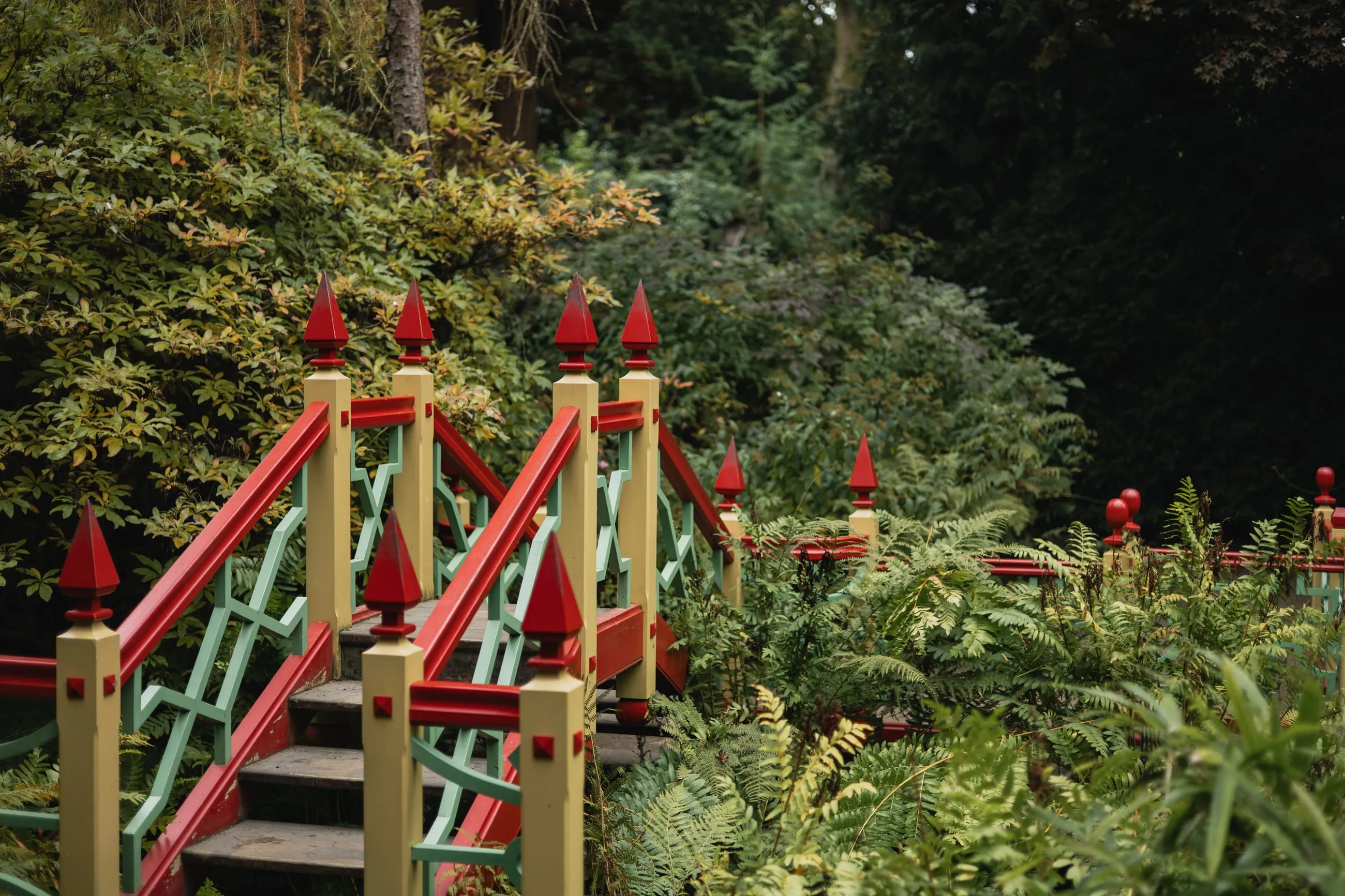 Red and yellow Chinese bridge among ferns