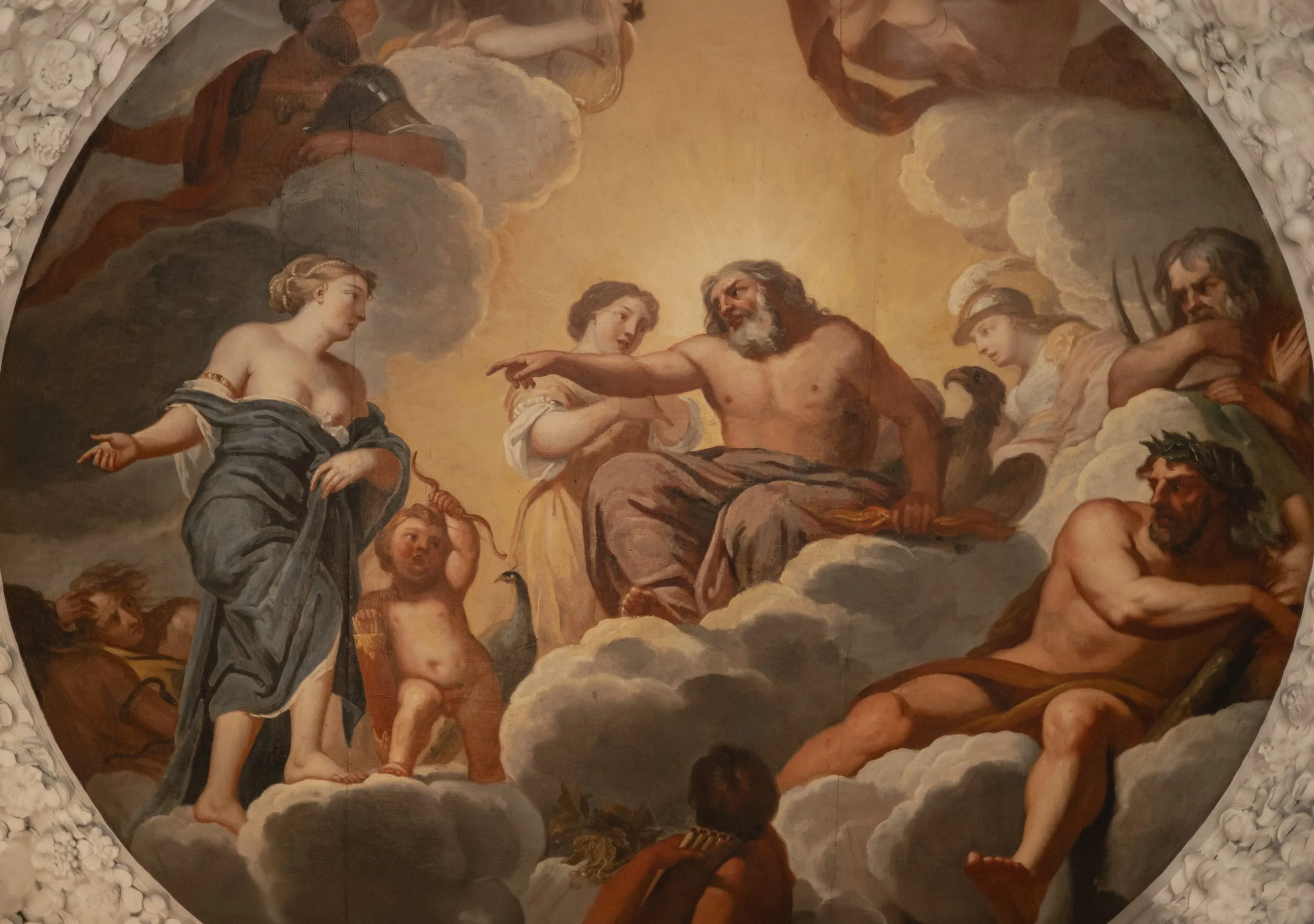 Painted ceiling roundel of gods among clouds