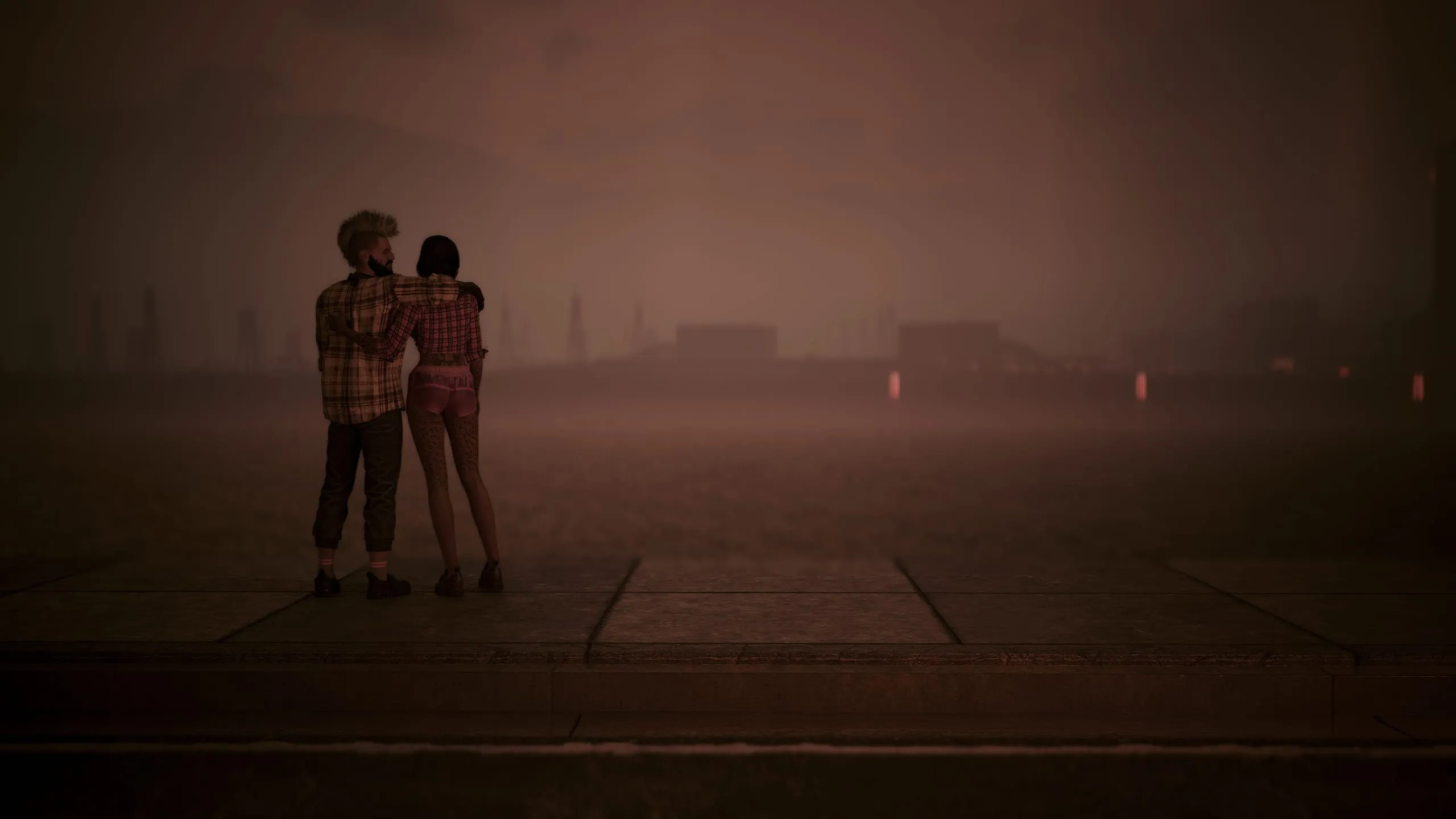 Two figures standing close in a dusty red haze
