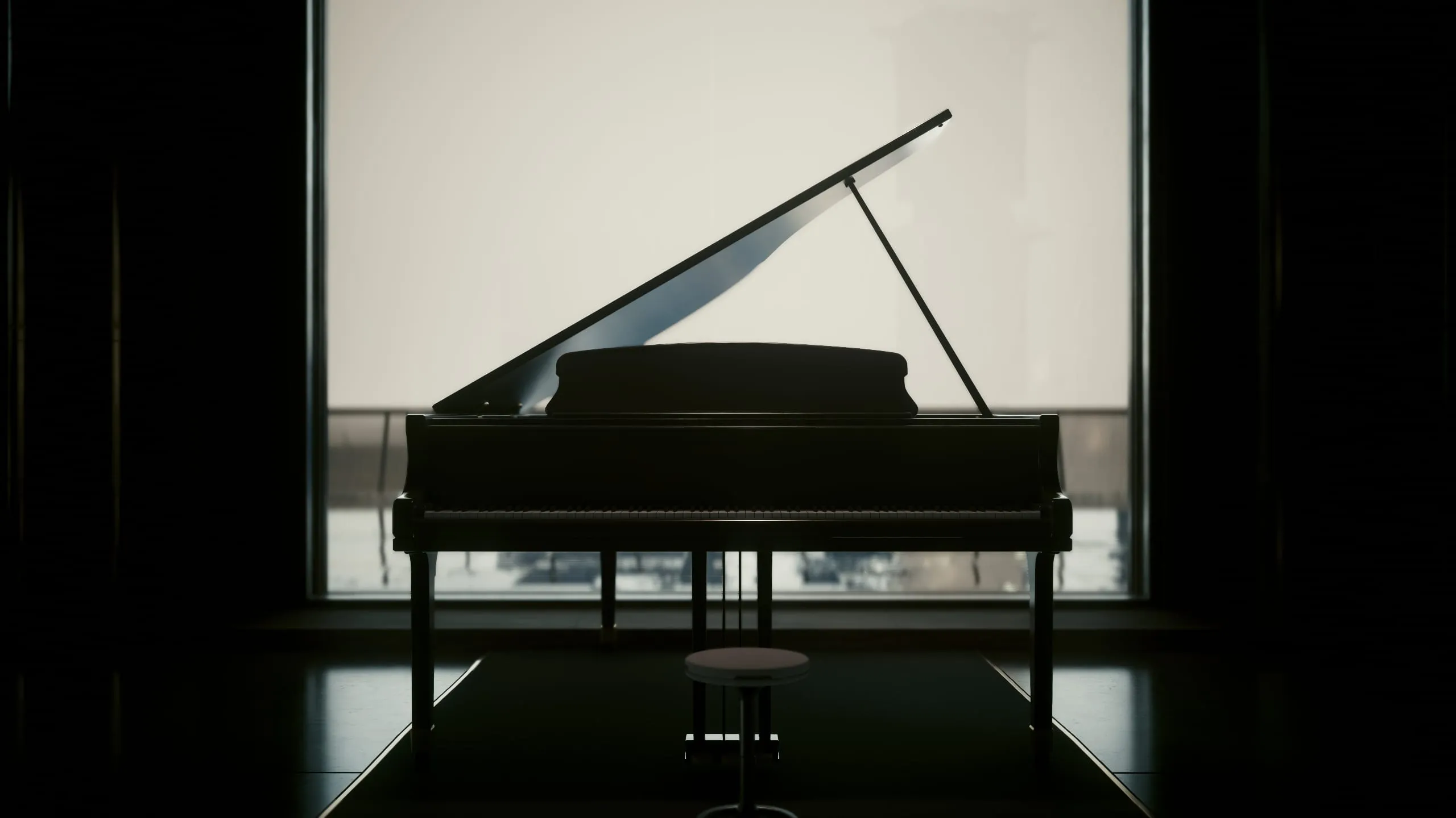 Grand piano silhouetted against a bright, empty window