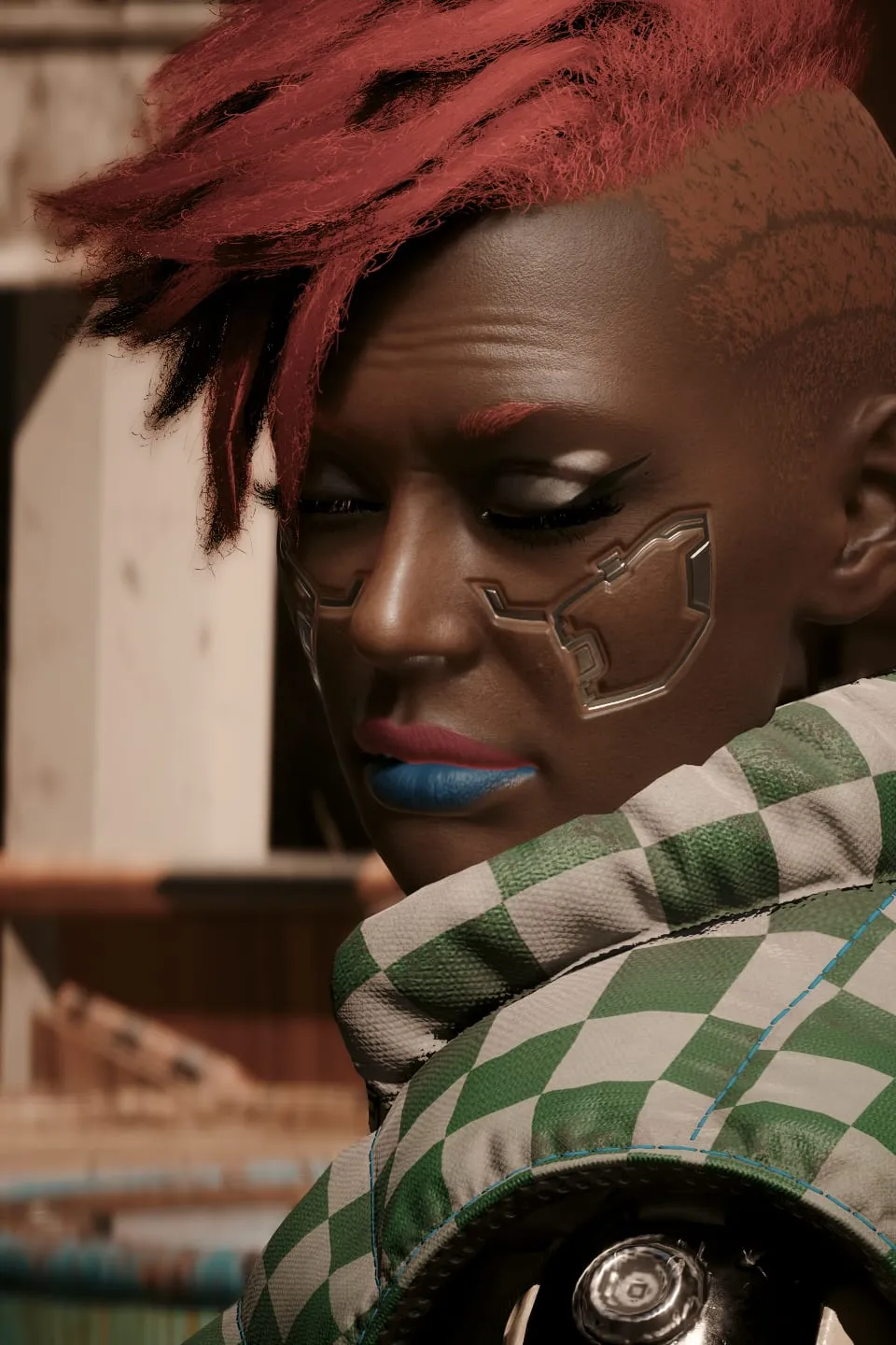 Woman with spiked red hair and facial chrome, close-up