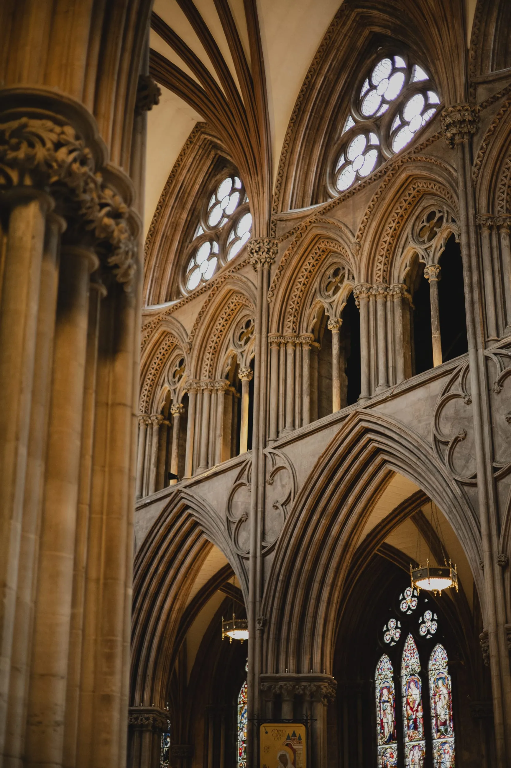 Gothic arches and clerestory windows from below