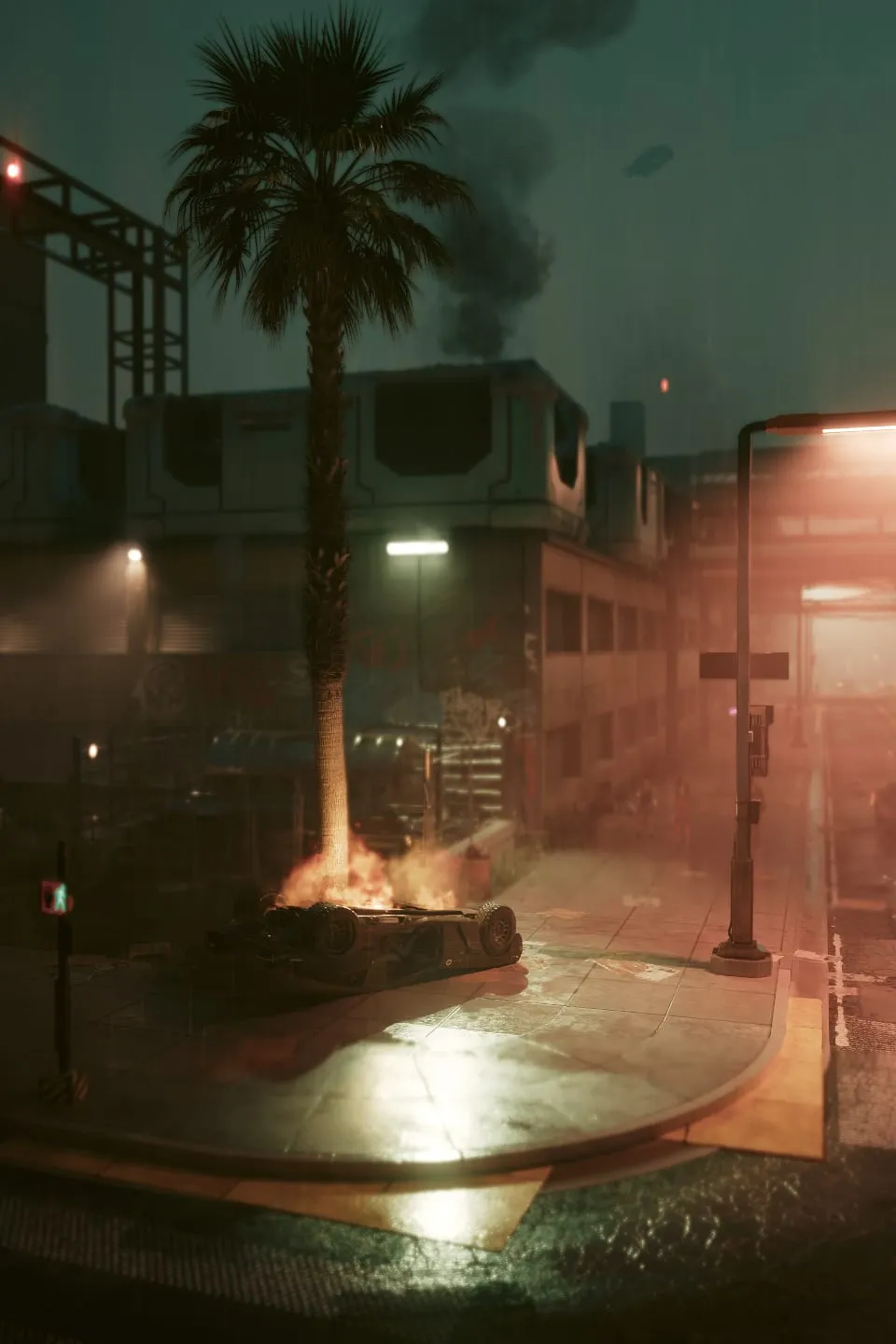 Lone palm tree in heavy rain under orange streetlight