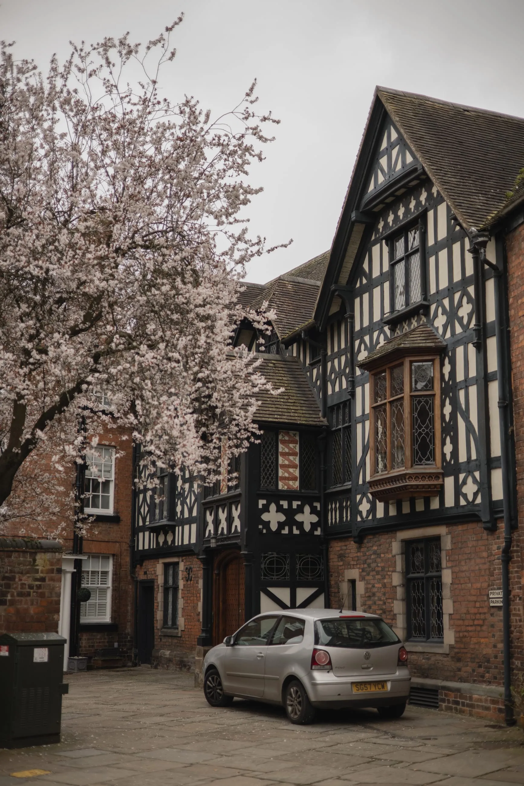 Timber-framed house beside a blossoming tree