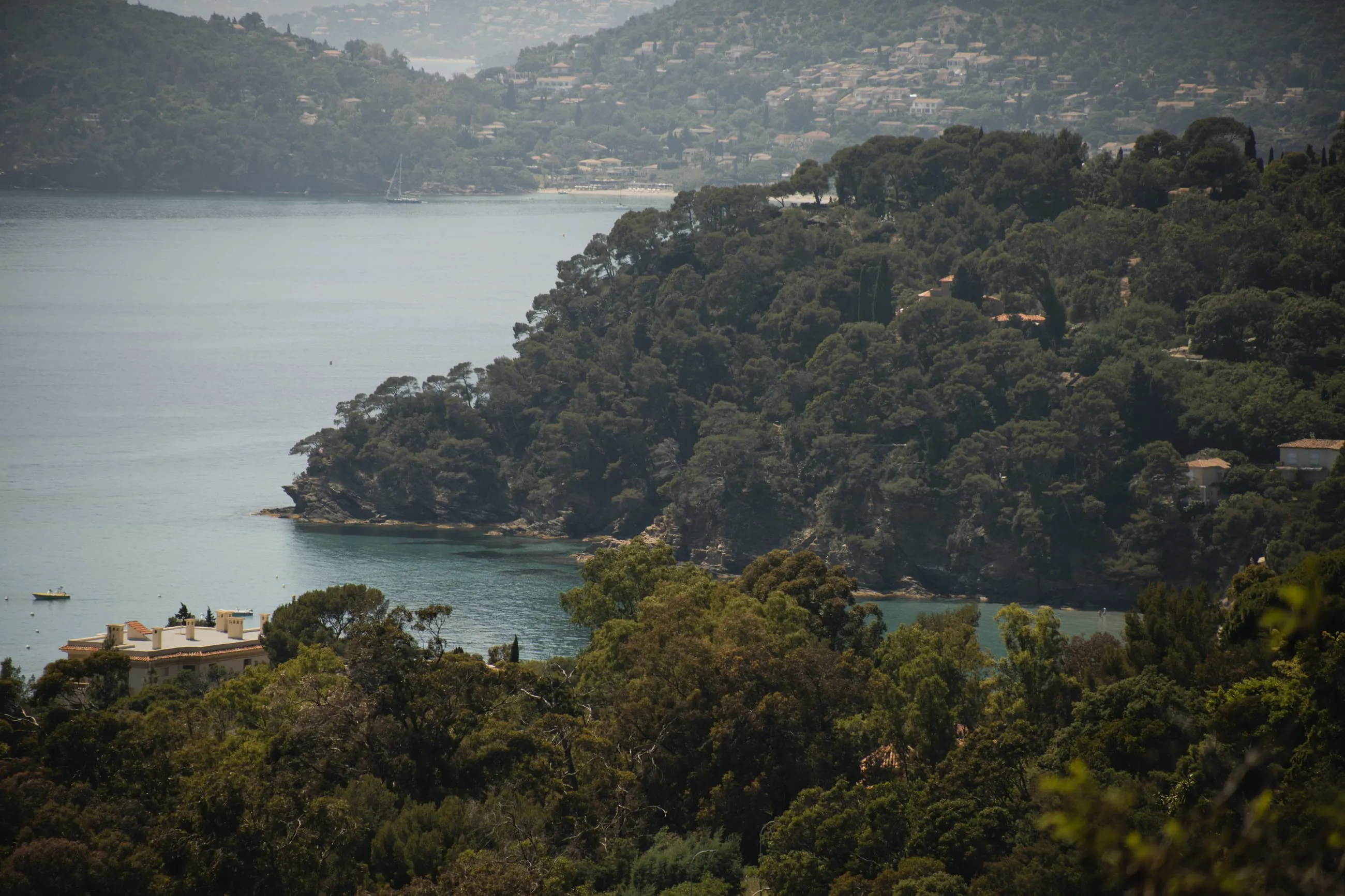 Wooded headland curving round a quiet bay