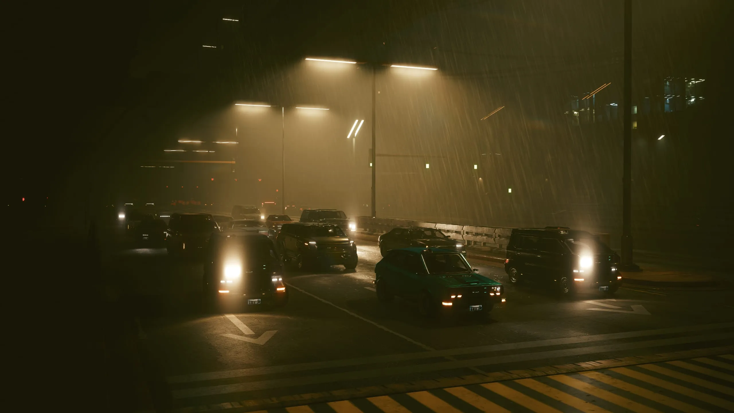 Headlights cutting through thick sodium fog at a crossing