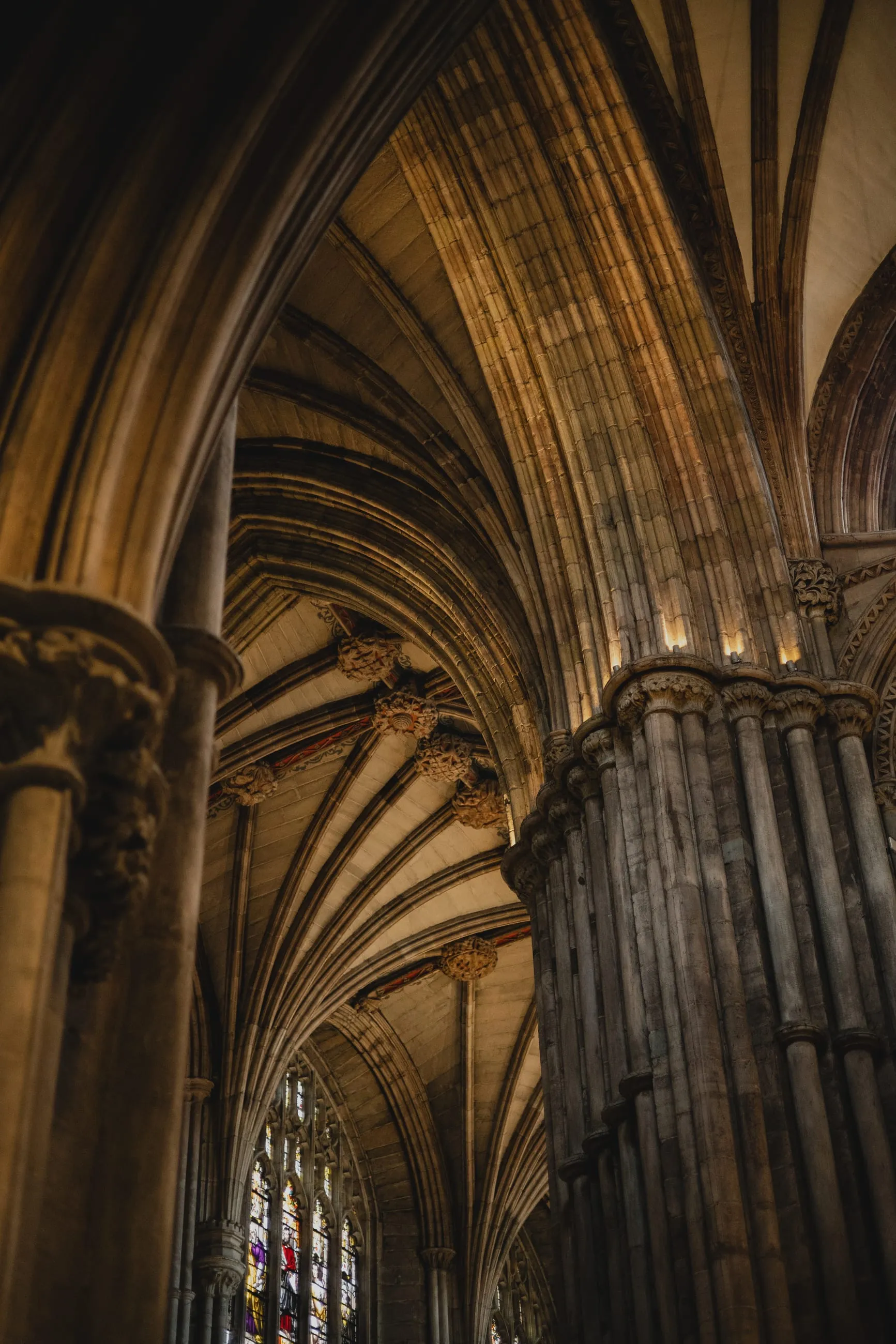 Ribbed vault and clustered columns in shadow
