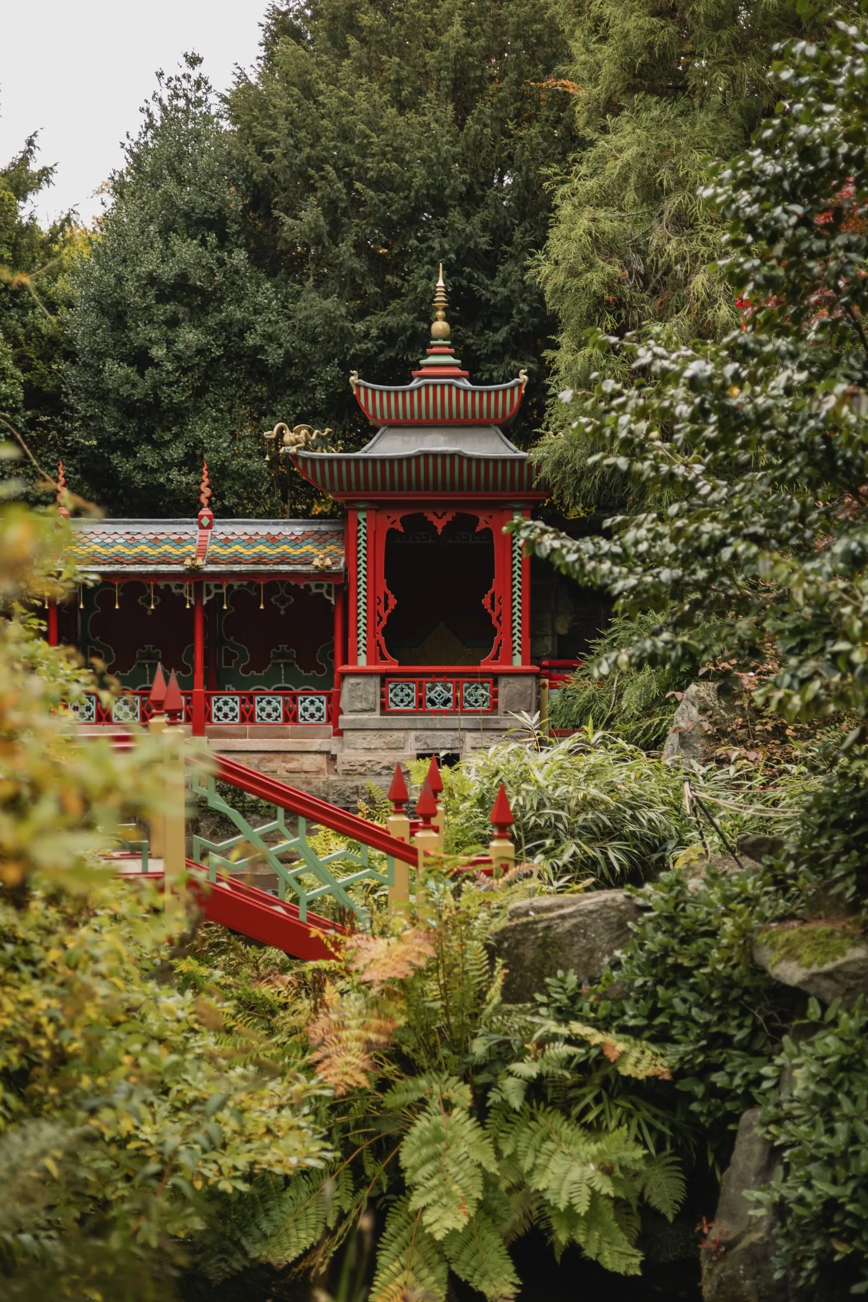 Chinese pagoda rising above dense planting