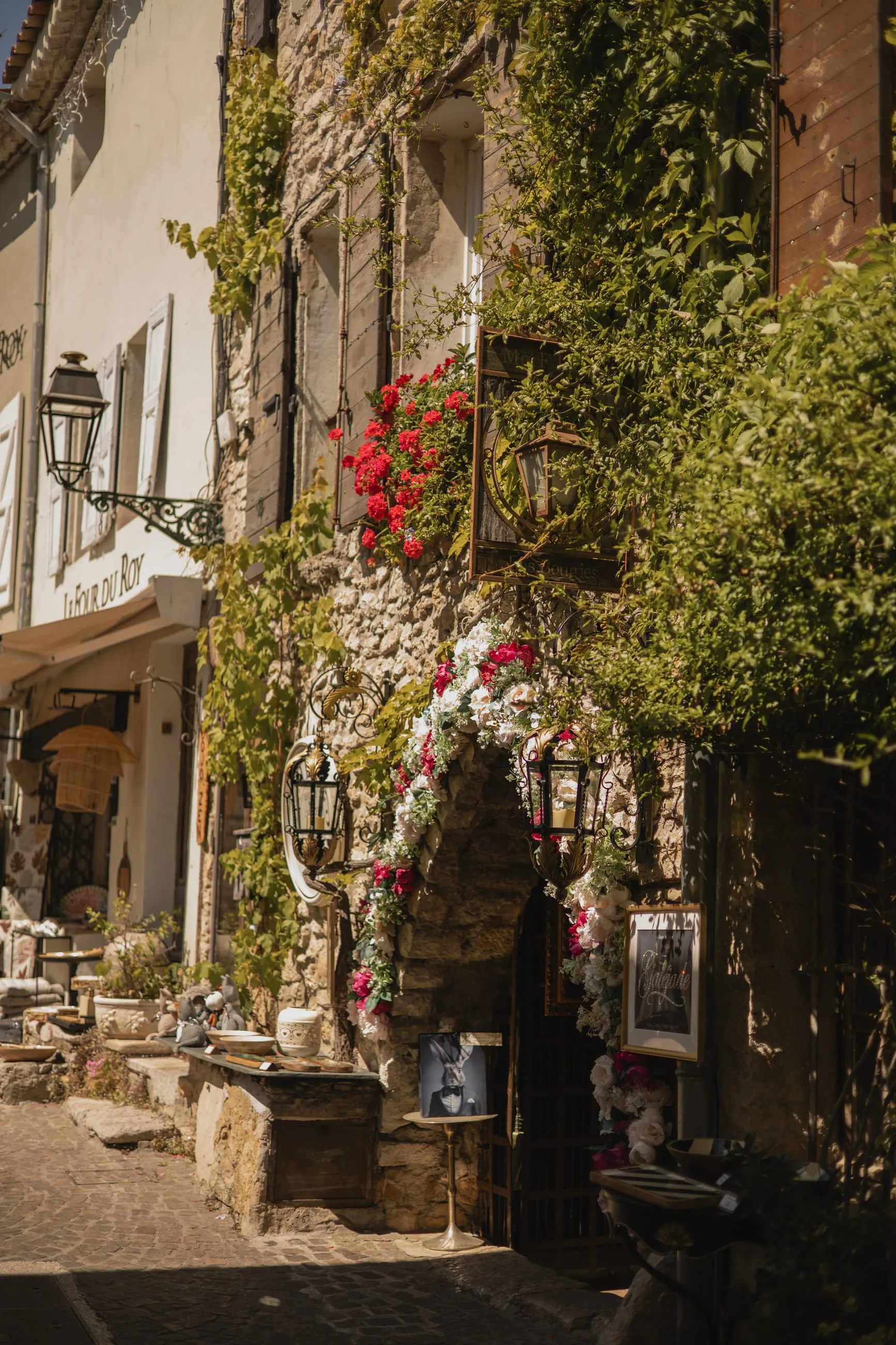 Village street with vines over shopfronts