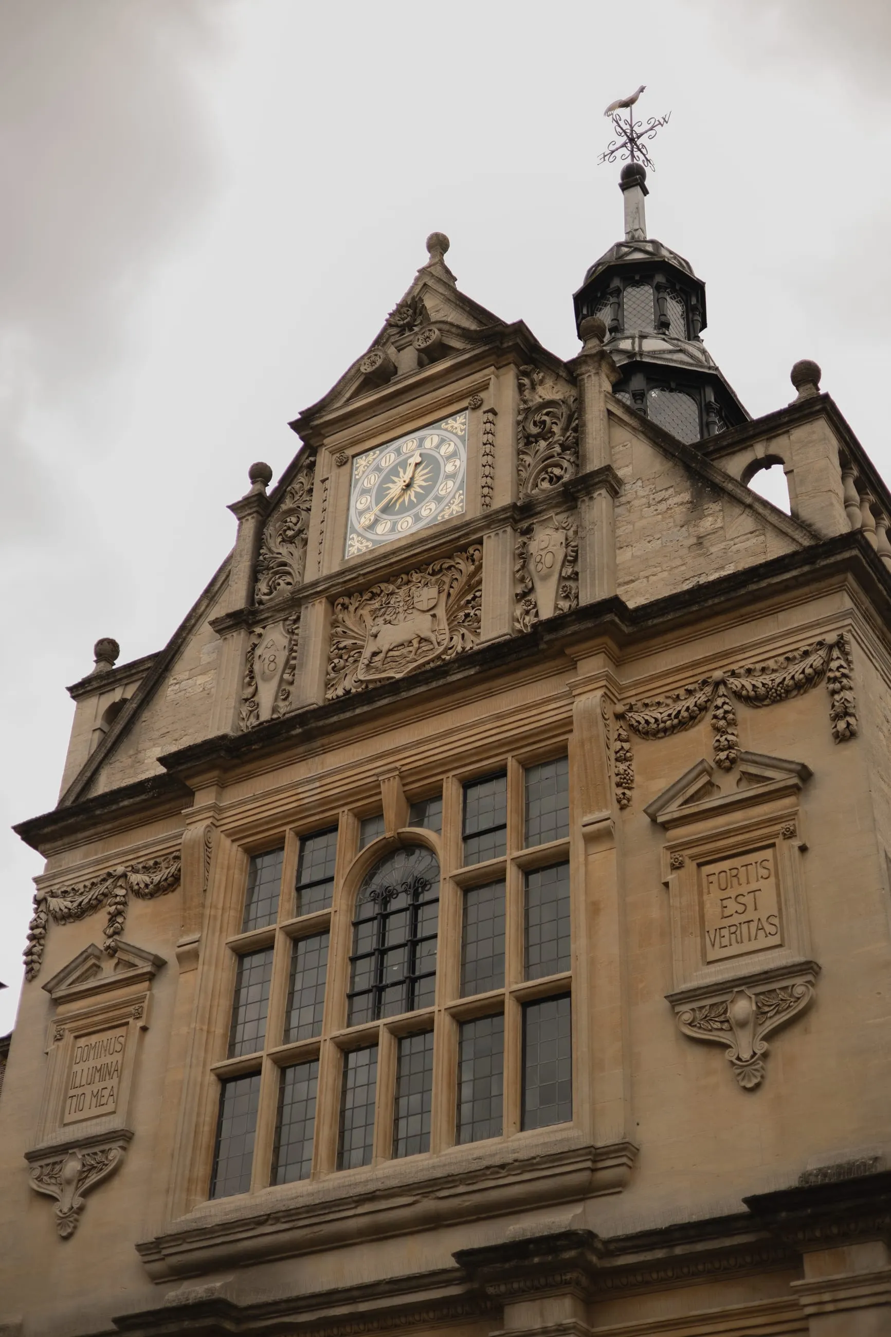 Ornate clock gable seen from below