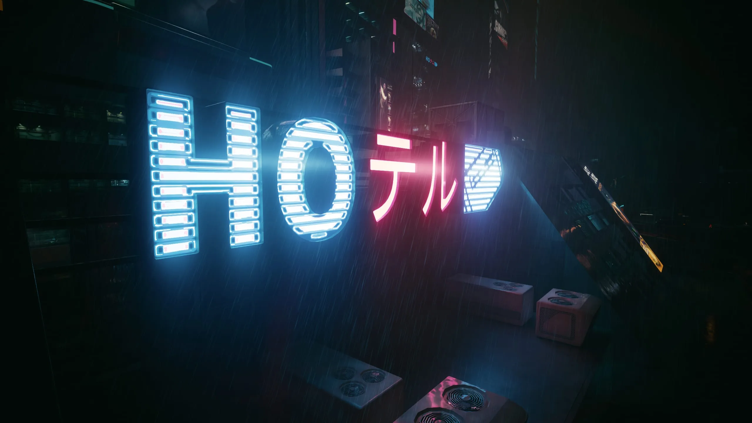Giant blue neon hotel sign above a dark alley