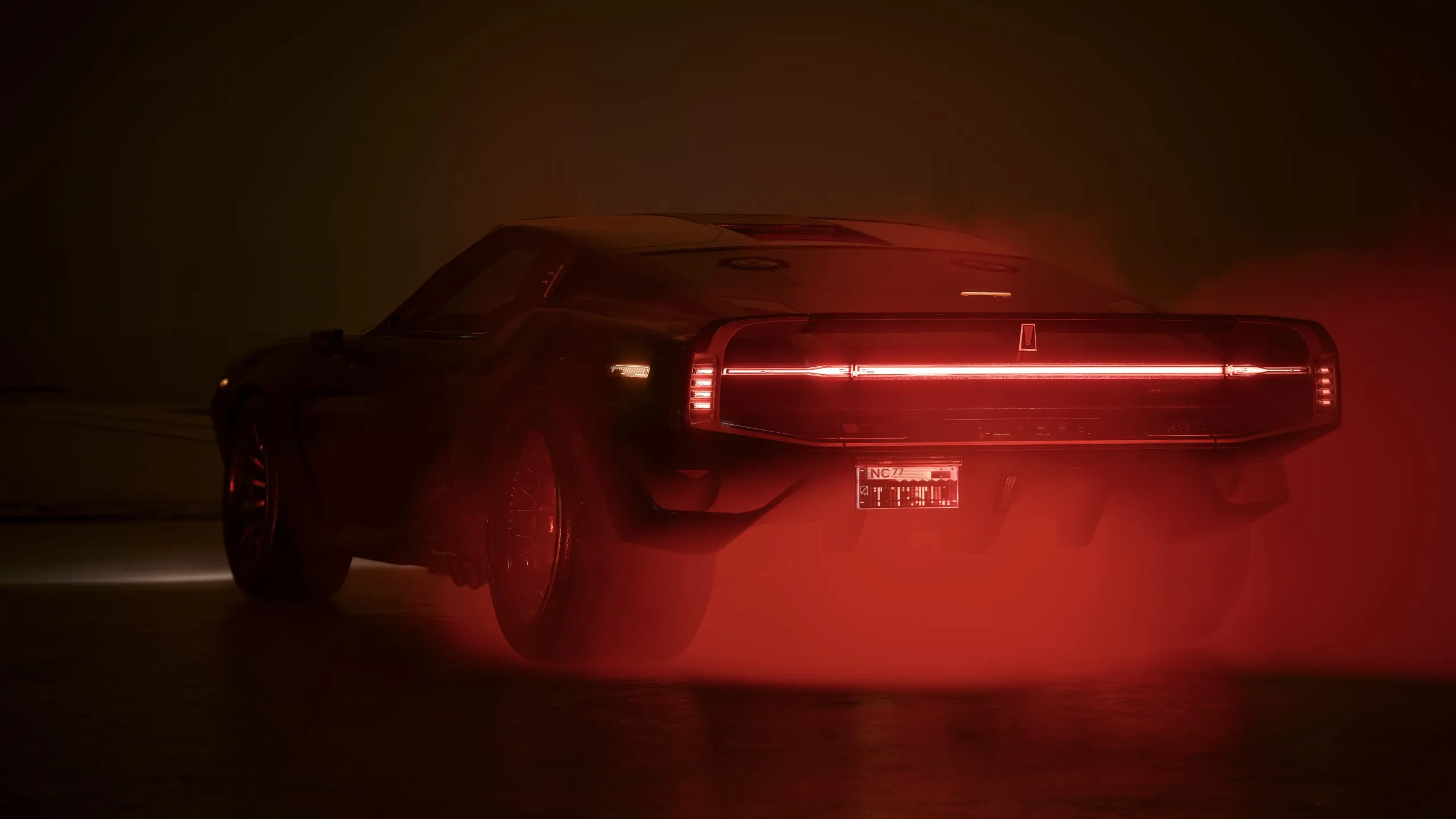 Car tail-lights glowing through dense red smoke
