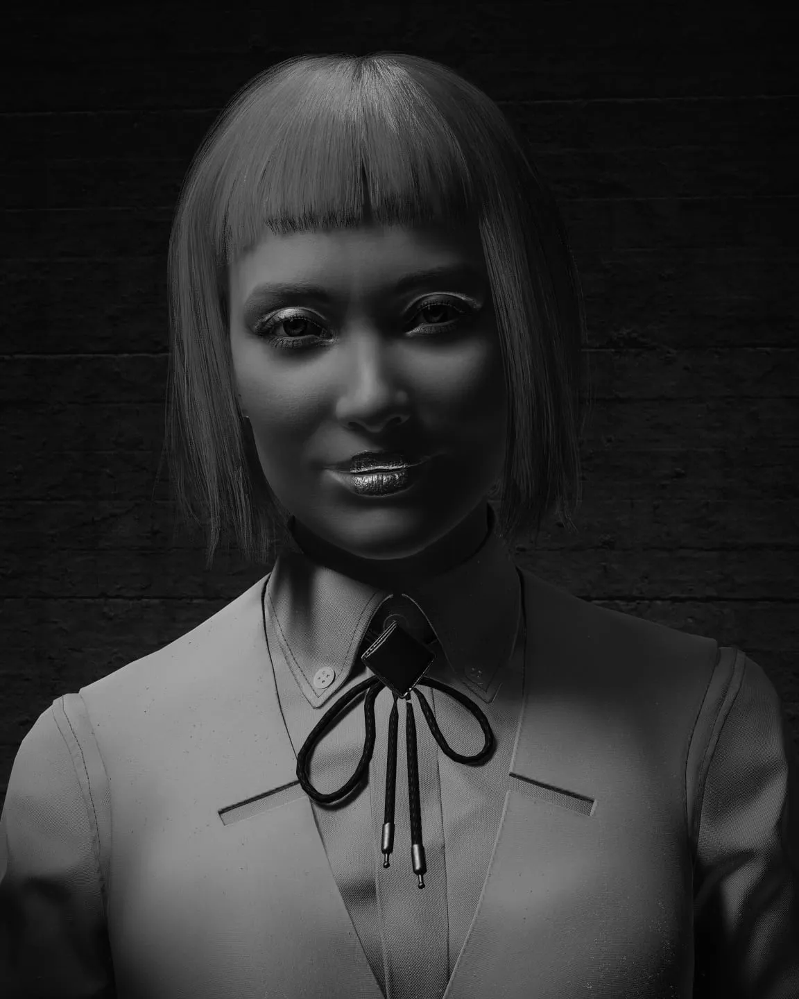 Black-and-white portrait, blunt fringe and ribbon collar
