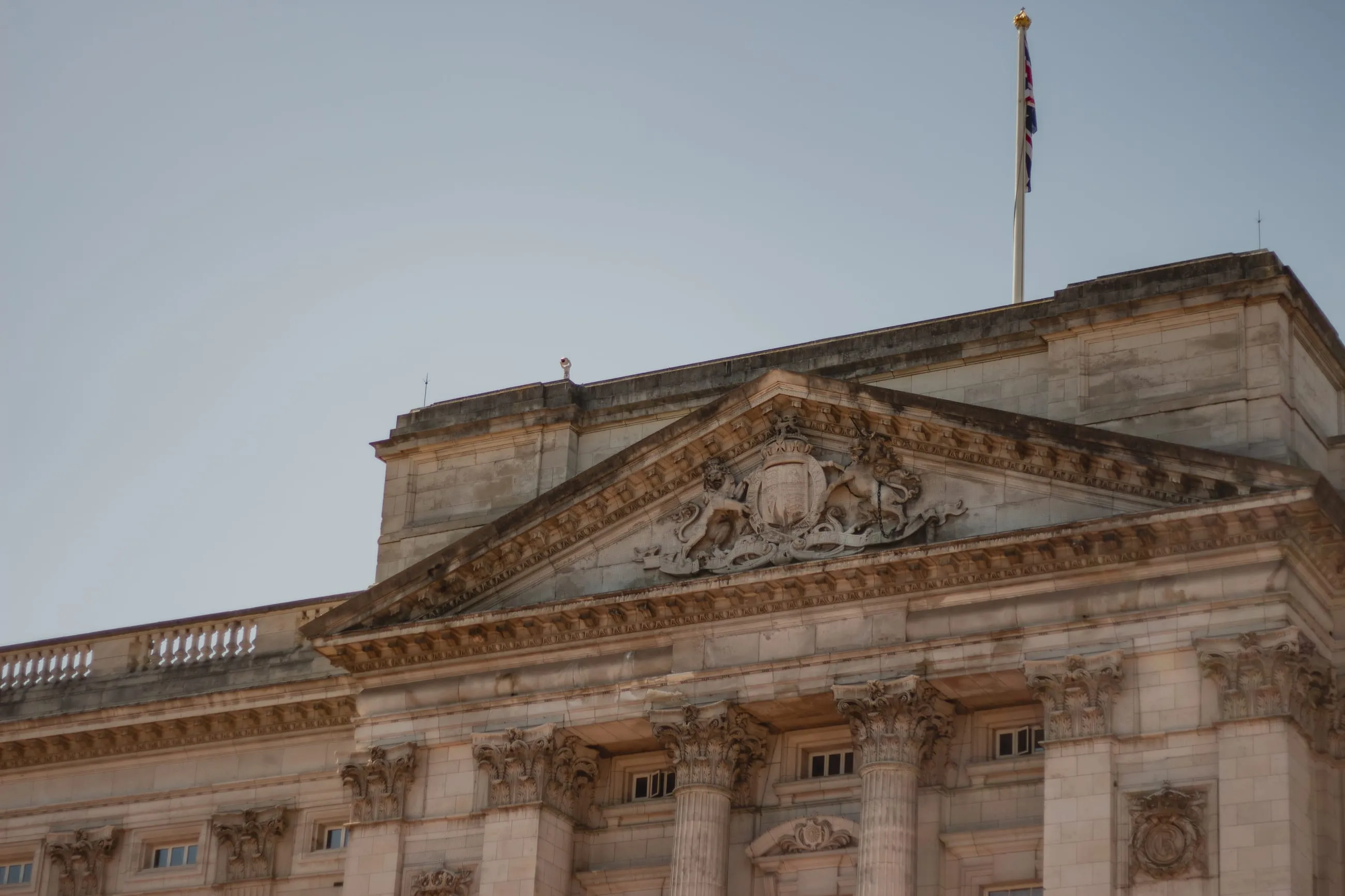 Buckingham Palace pediment from a low angle