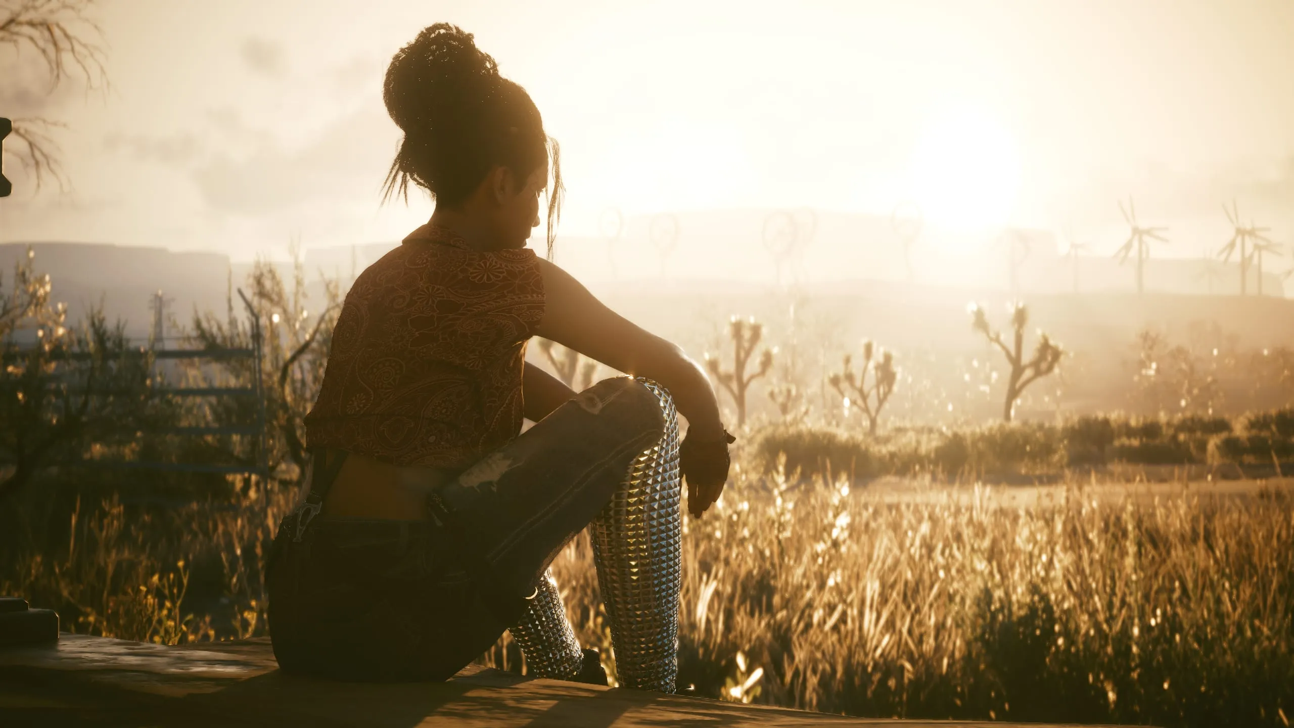 Woman sitting in desert grass, backlit by a setting sun
