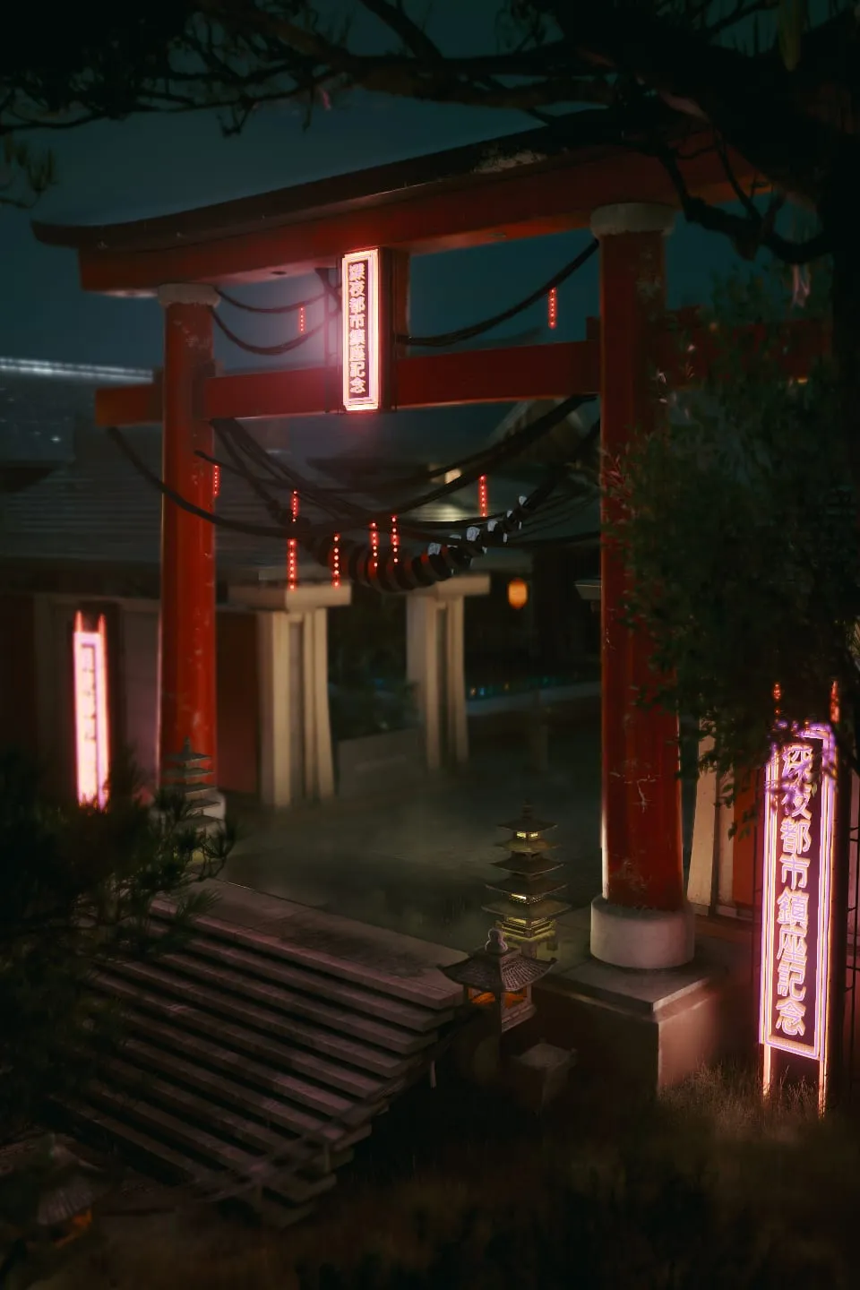 Red torii gate and shrine steps on a rainy night
