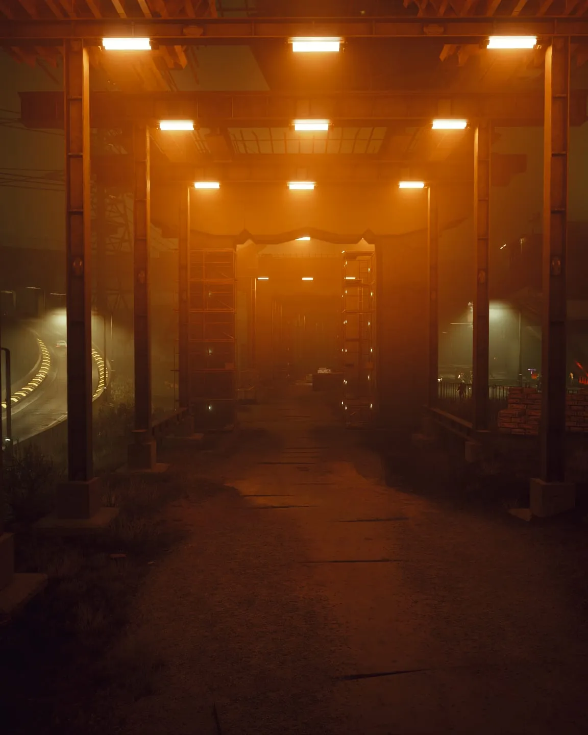 Hazy orange corridor under a row of ceiling lamps