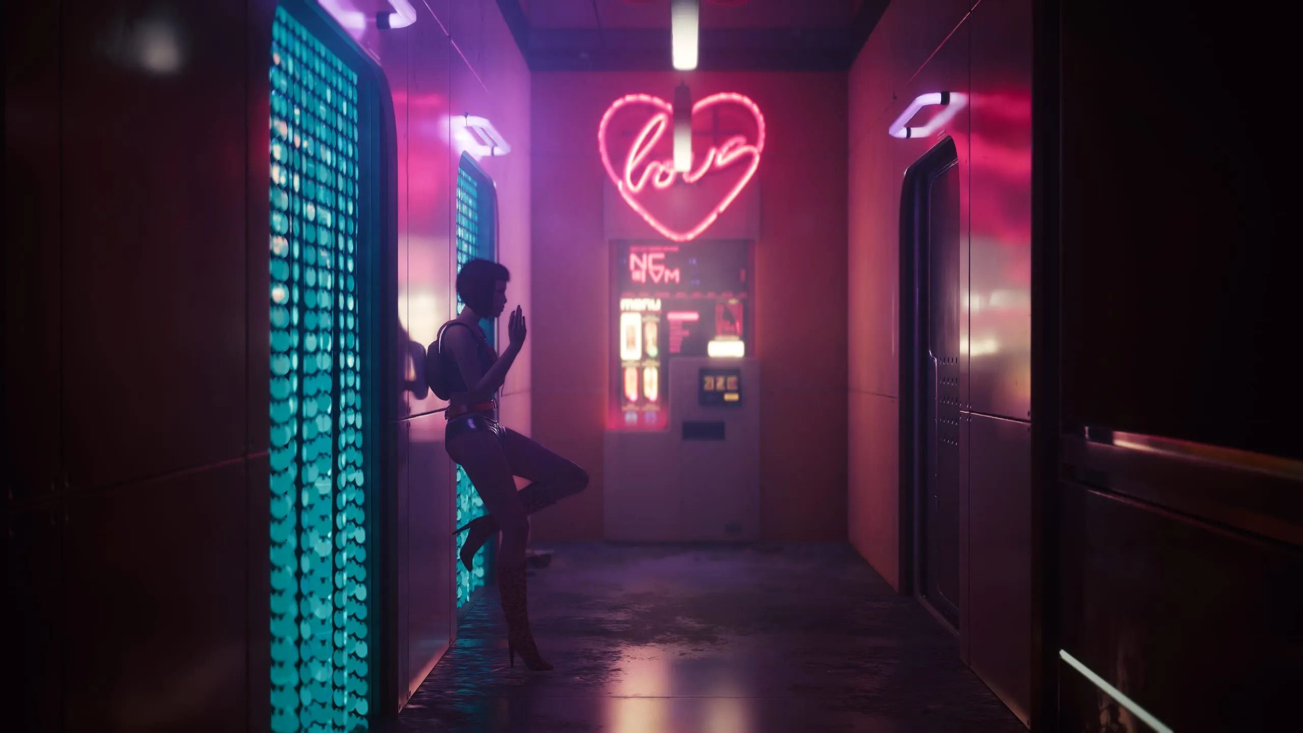 Pink neon heart at the end of a hotel corridor