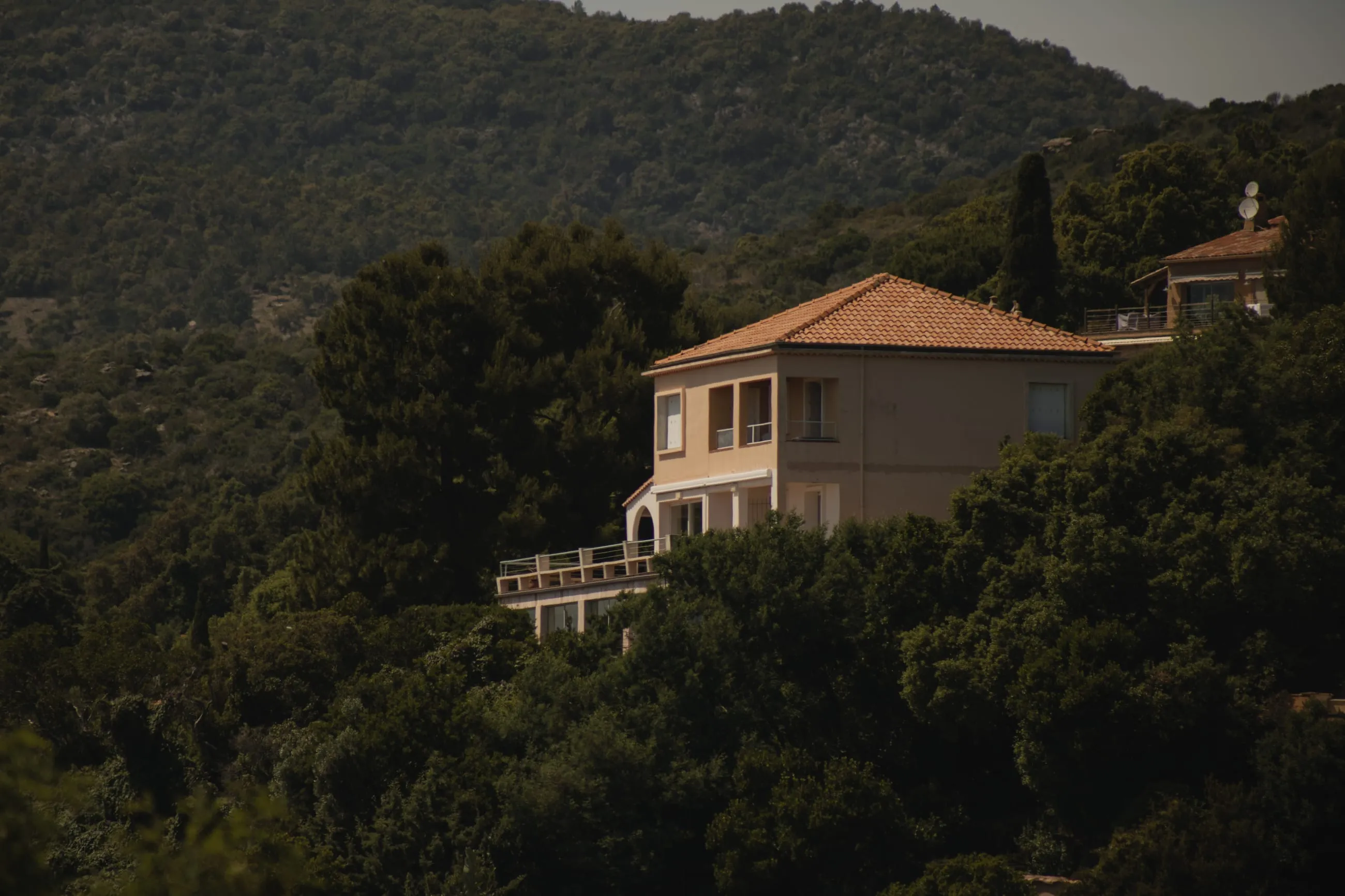 Terracotta-roofed villa among dark pines