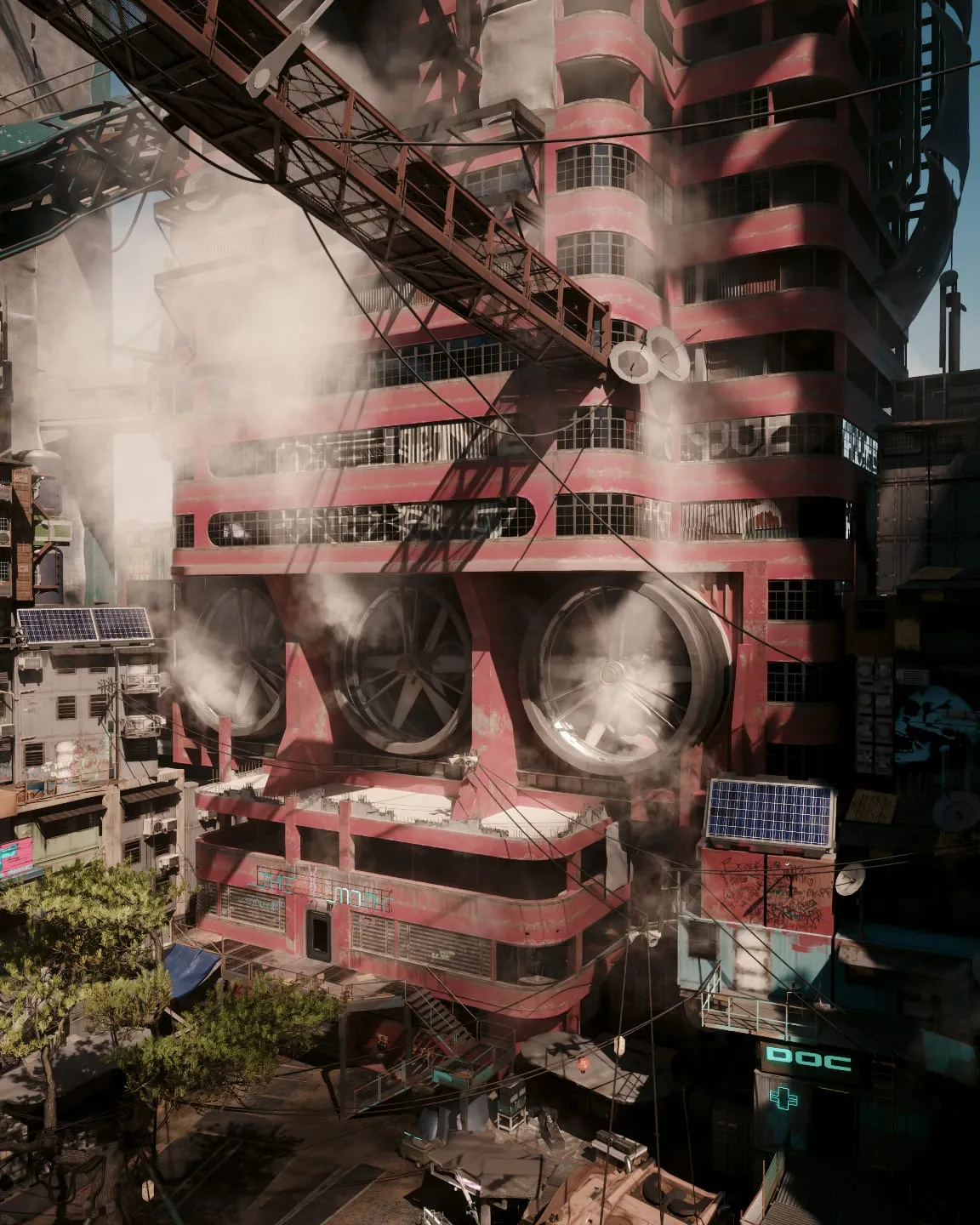 Steam rising between stacked megabuilding balconies