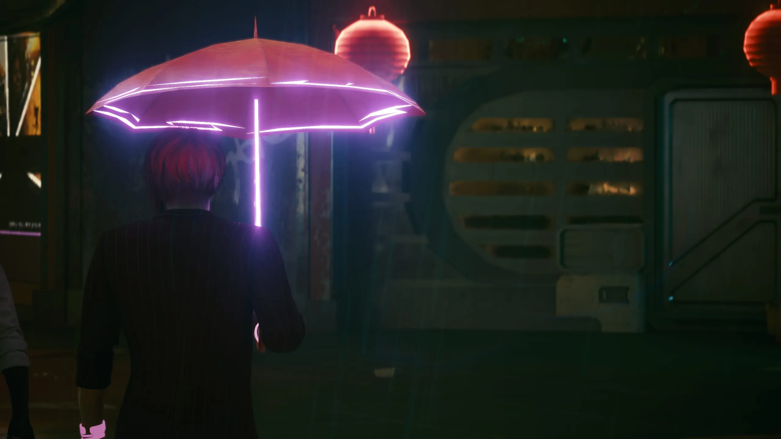 Figure under a neon-ringed umbrella on a dark street