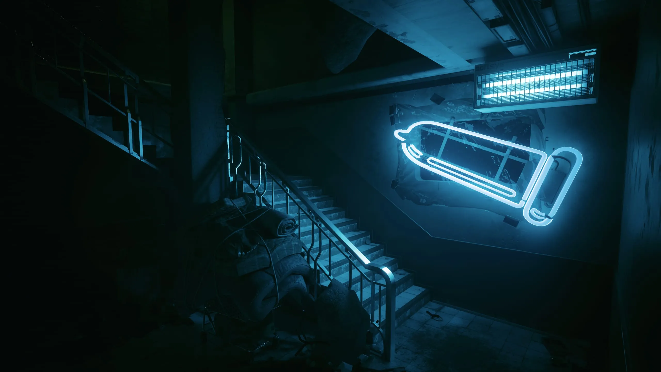 Blue neon sign glowing over a dark stairwell