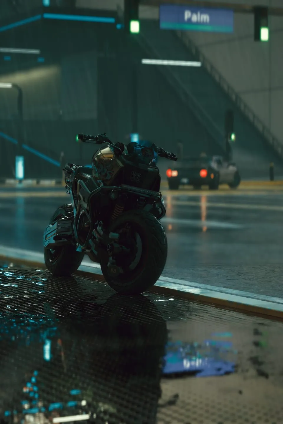 Motorbike parked on a wet, reflective pavement at night