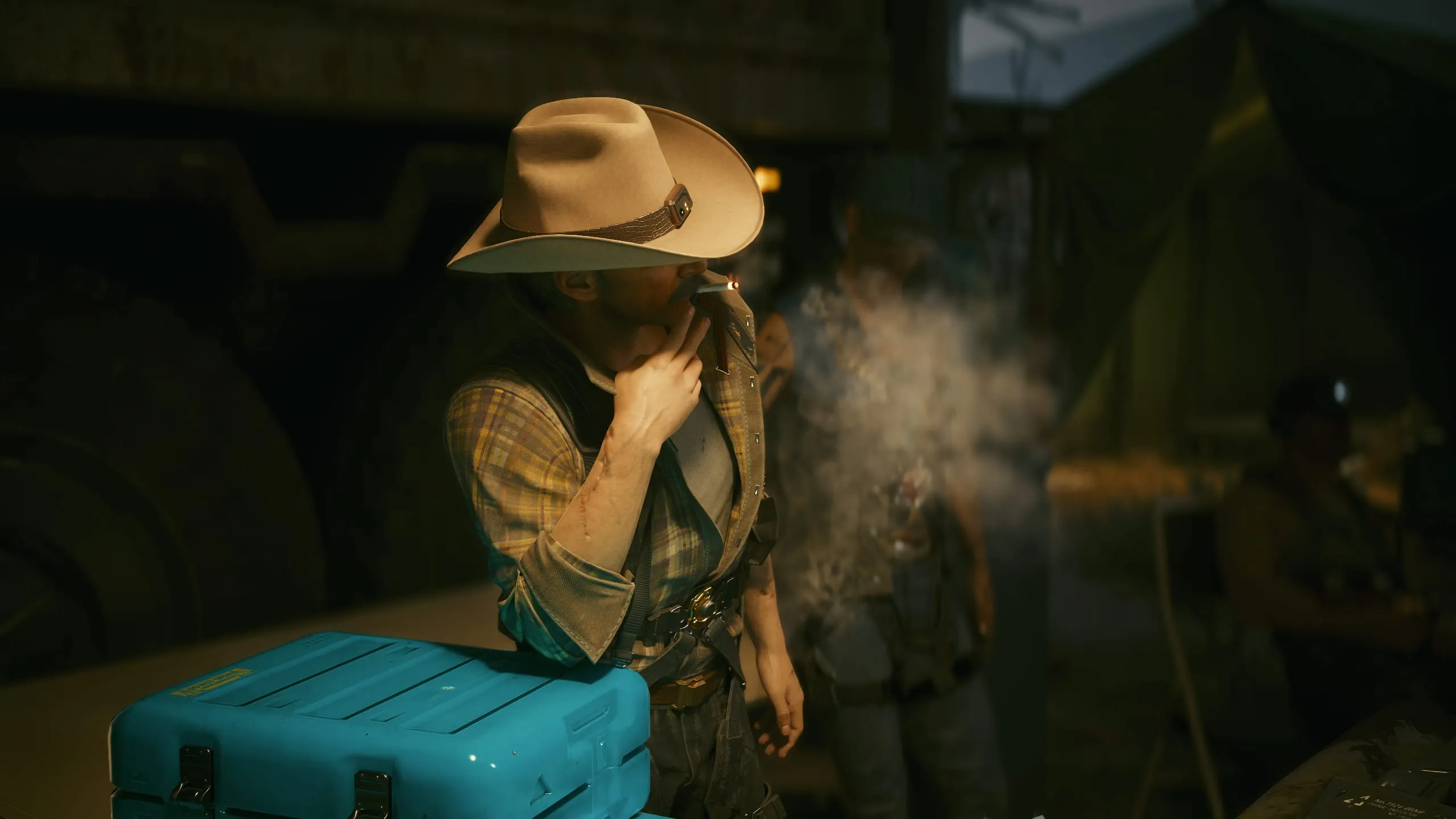 Cowboy-hatted woman exhaling smoke in warm light