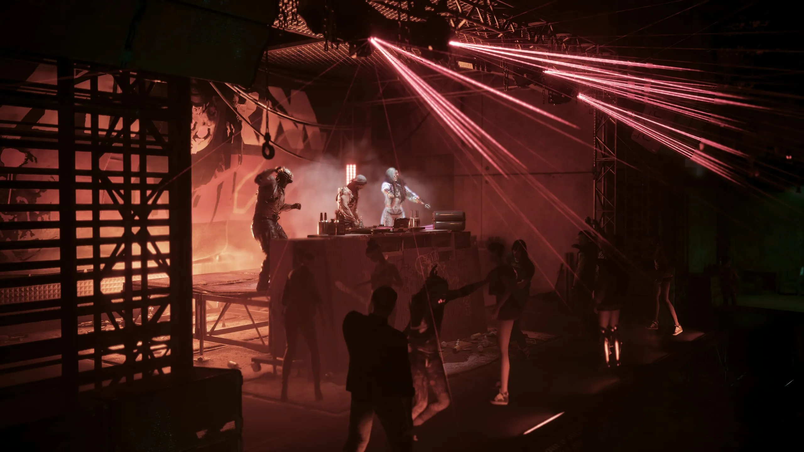 Red lasers slicing through a smoky nightclub
