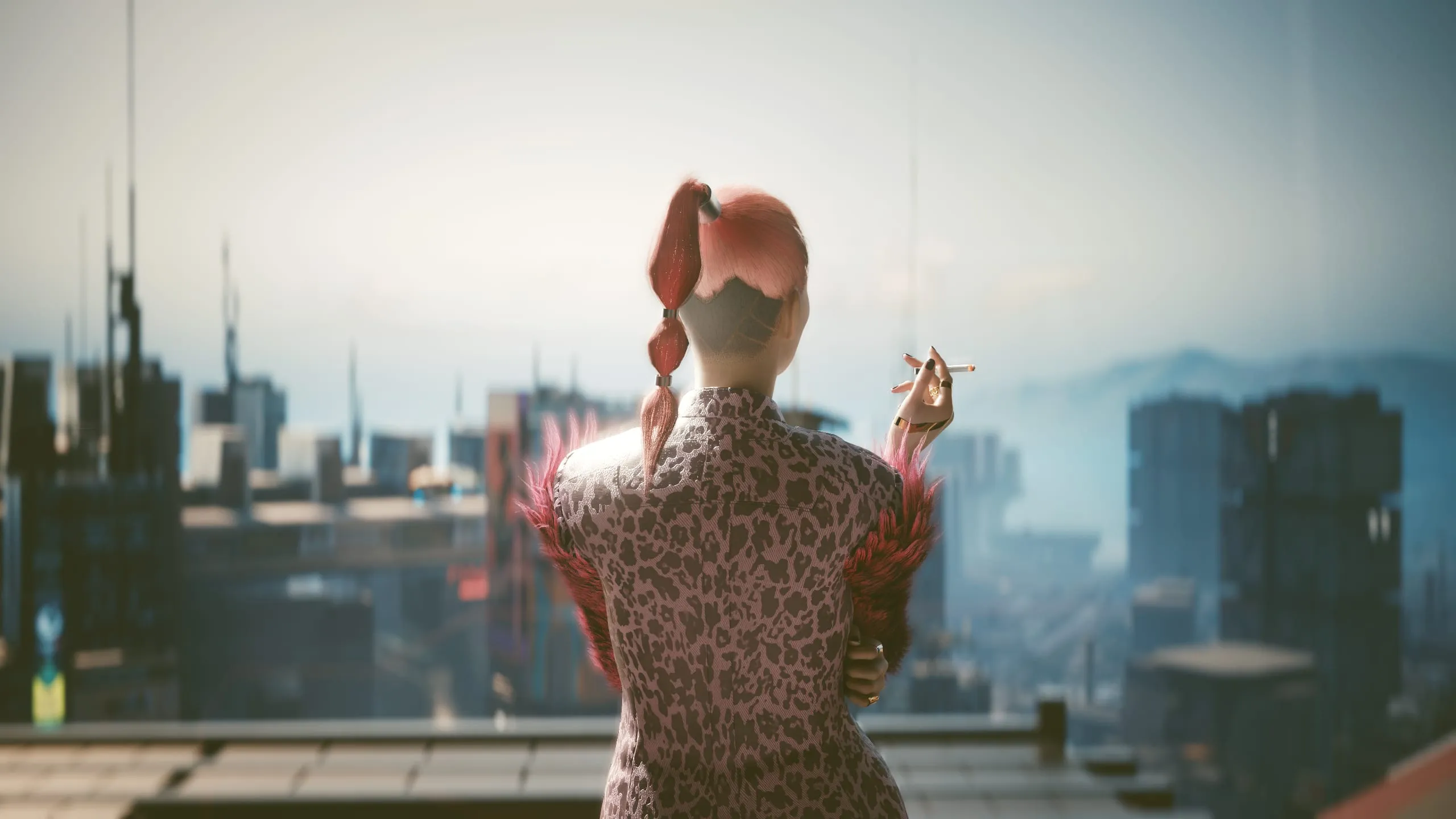 Woman smoking on a rooftop, hazy skyline beyond