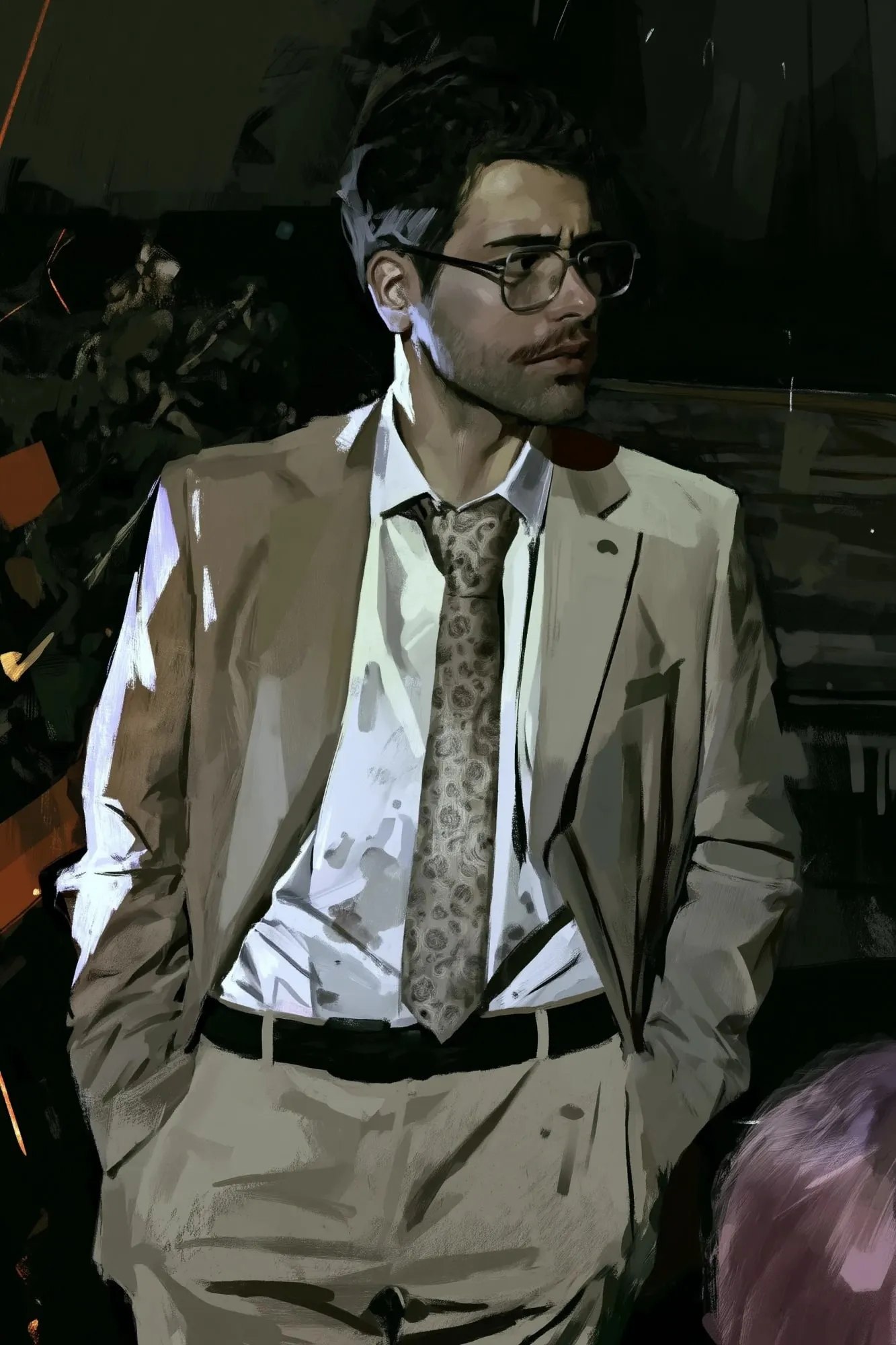 Painted portrait of Lucas in a pale suit, glasses and a patterned tie