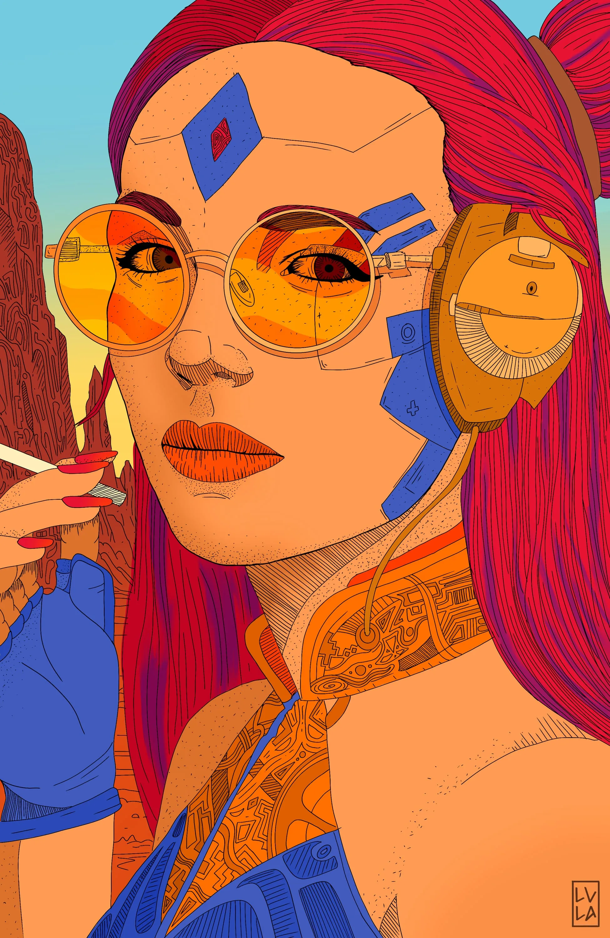 Portrait of a woman with red hair, yellow glasses and blue face markings