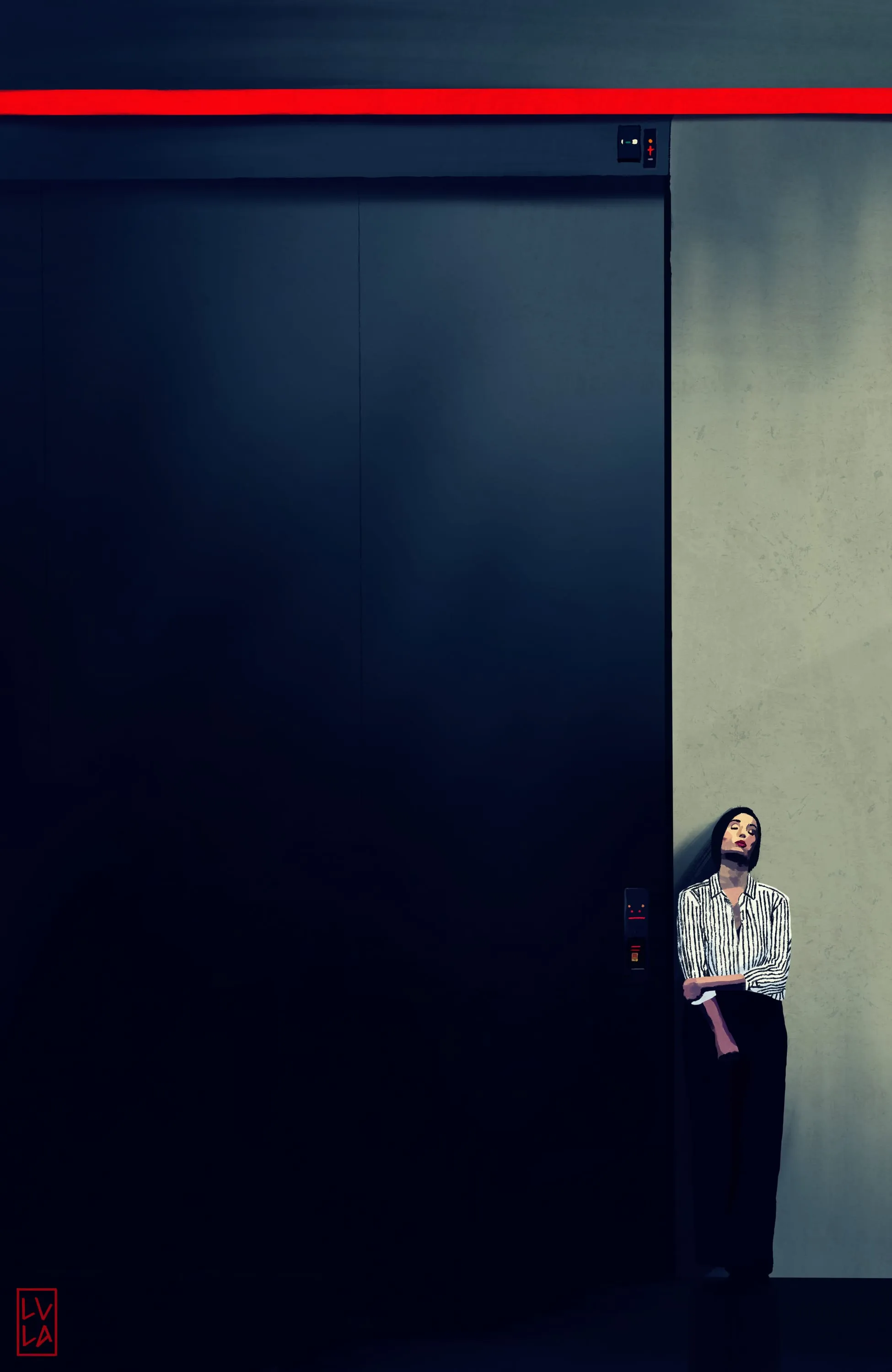 A woman waiting in a dark blue corridor beside an open door