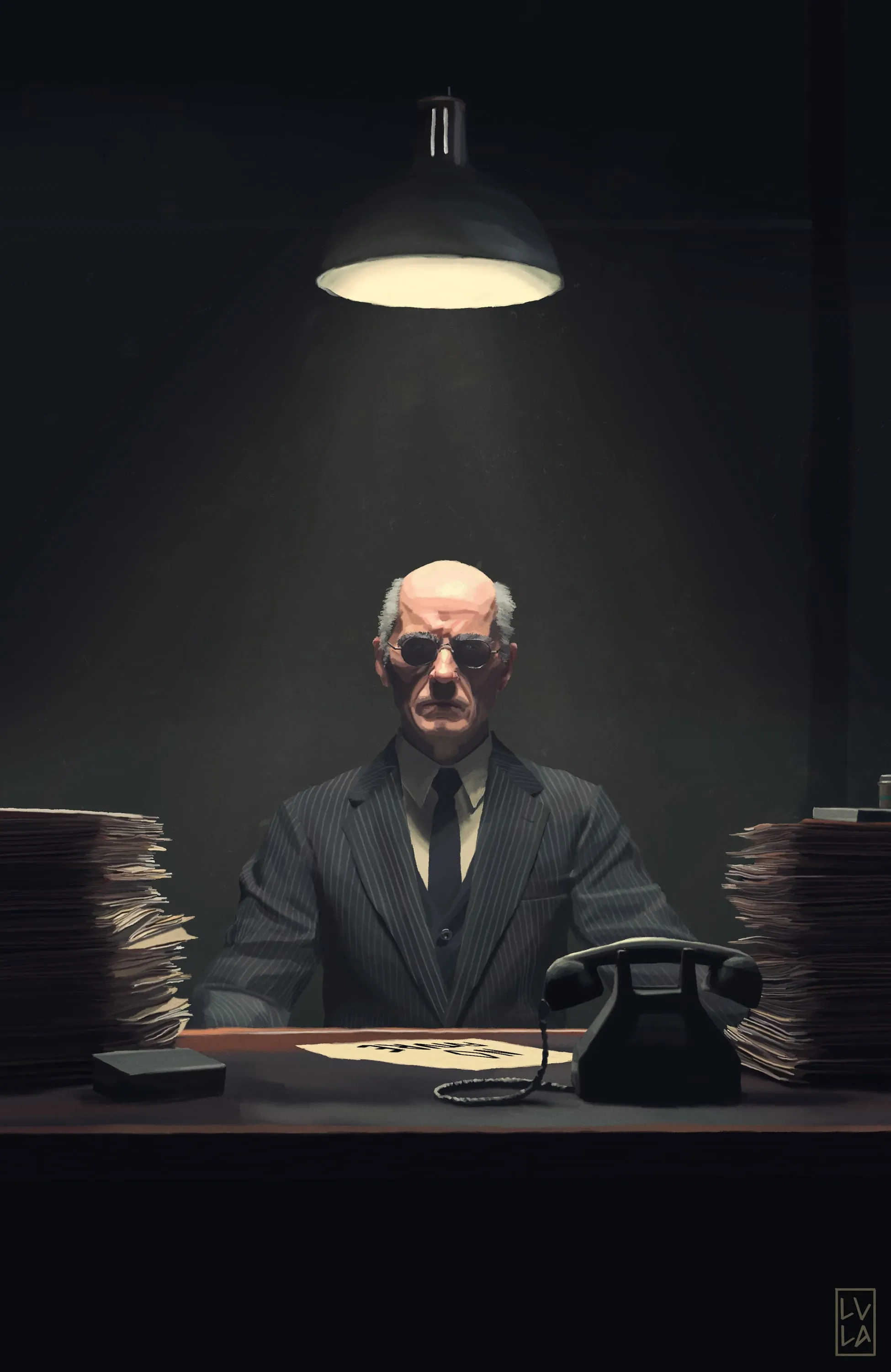 An old man at a desk under a single hanging lamp