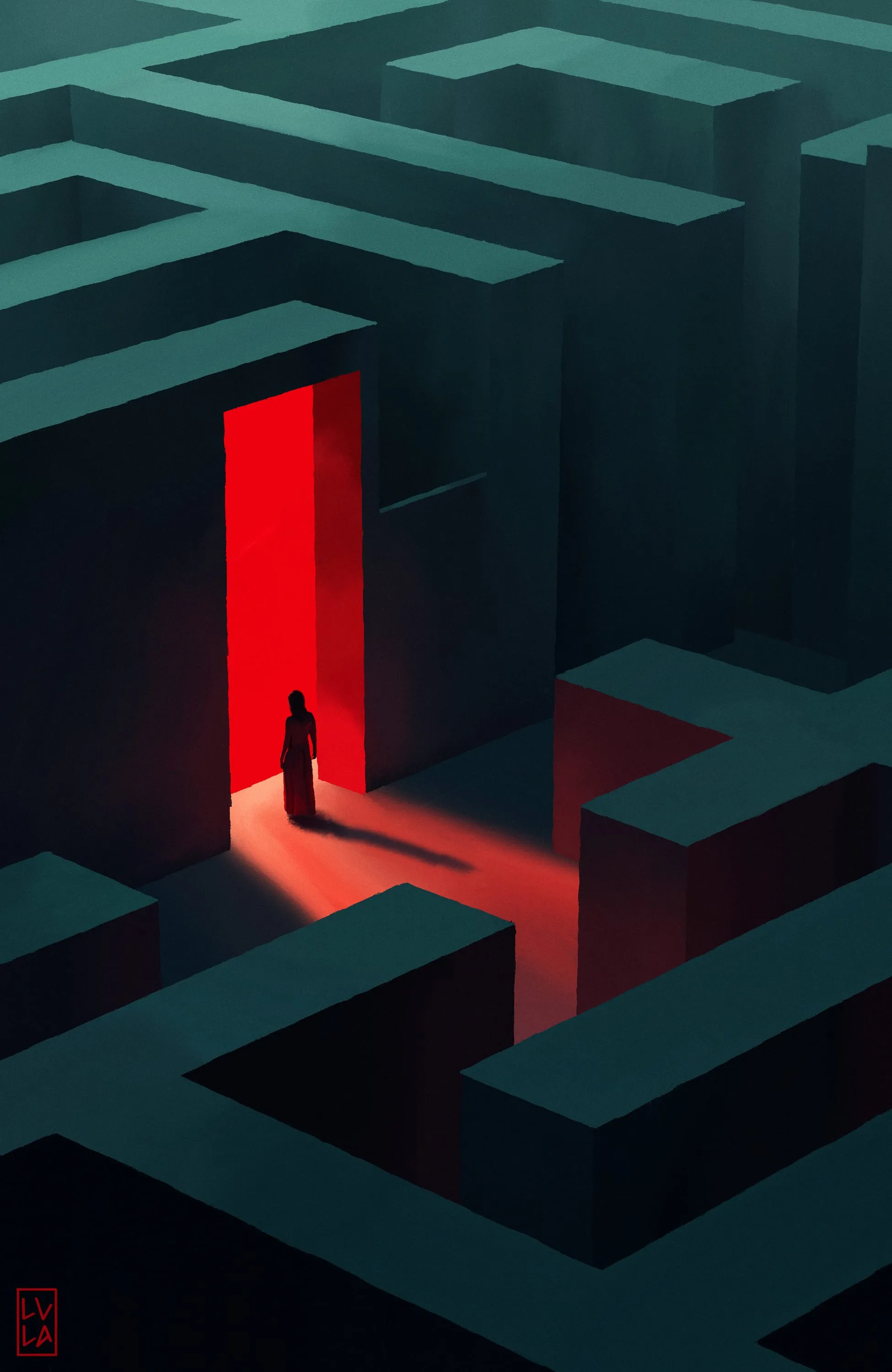 A tiny figure at a glowing red door inside a teal maze