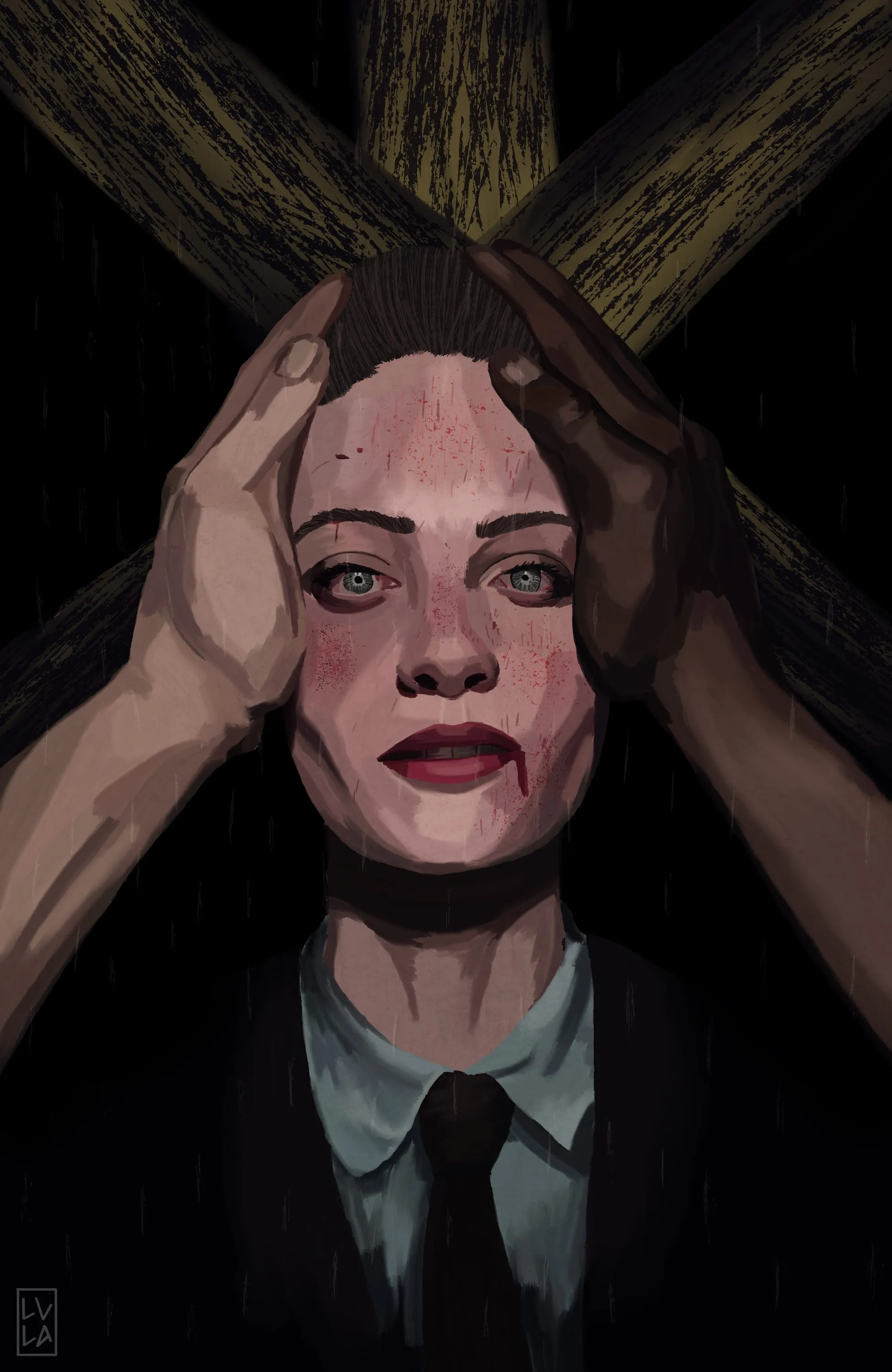 A woman in a suit held by hands, framed by crossed beams