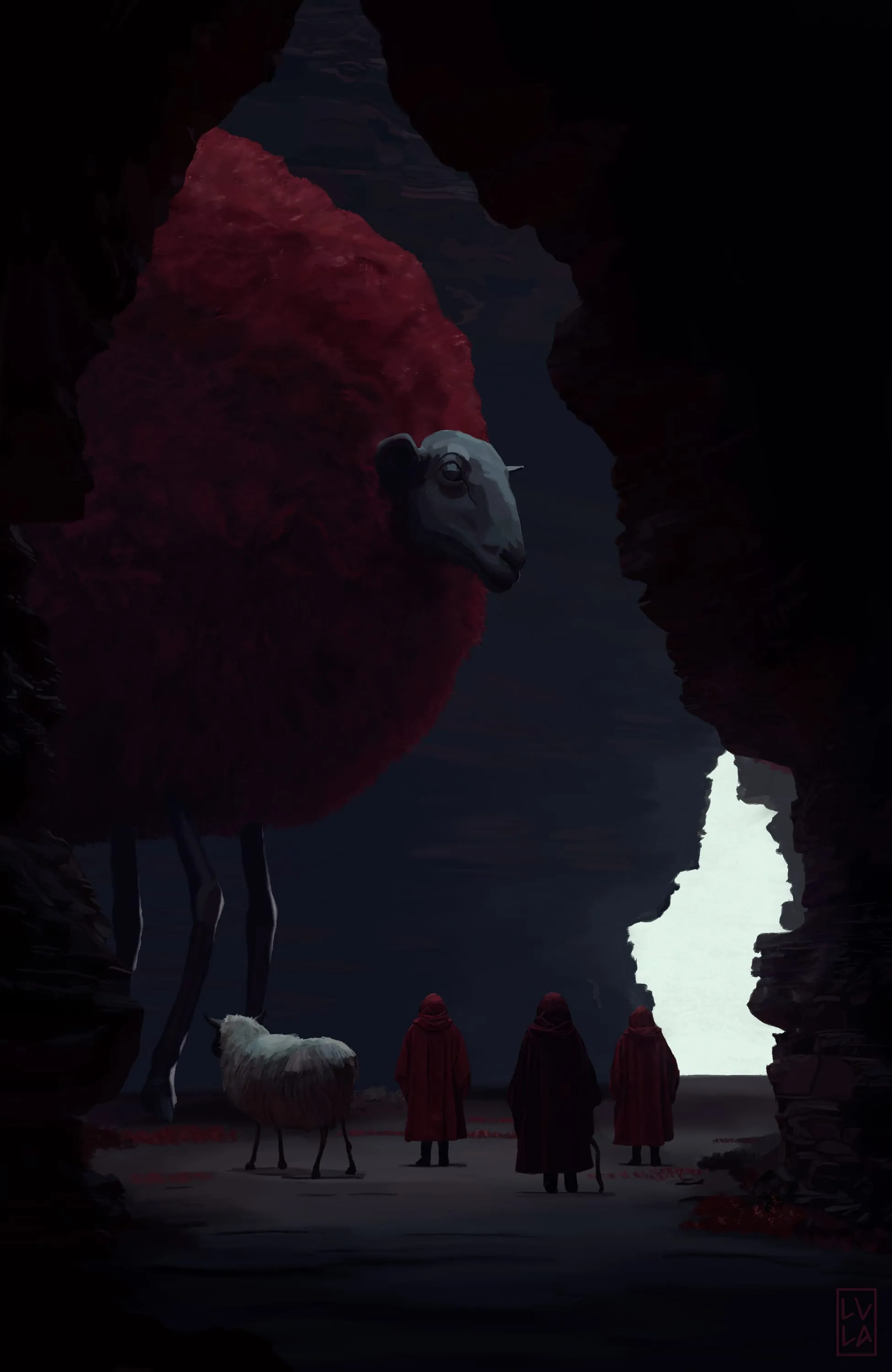 A crimson ram in a cave, with hooded figures filing in behind it