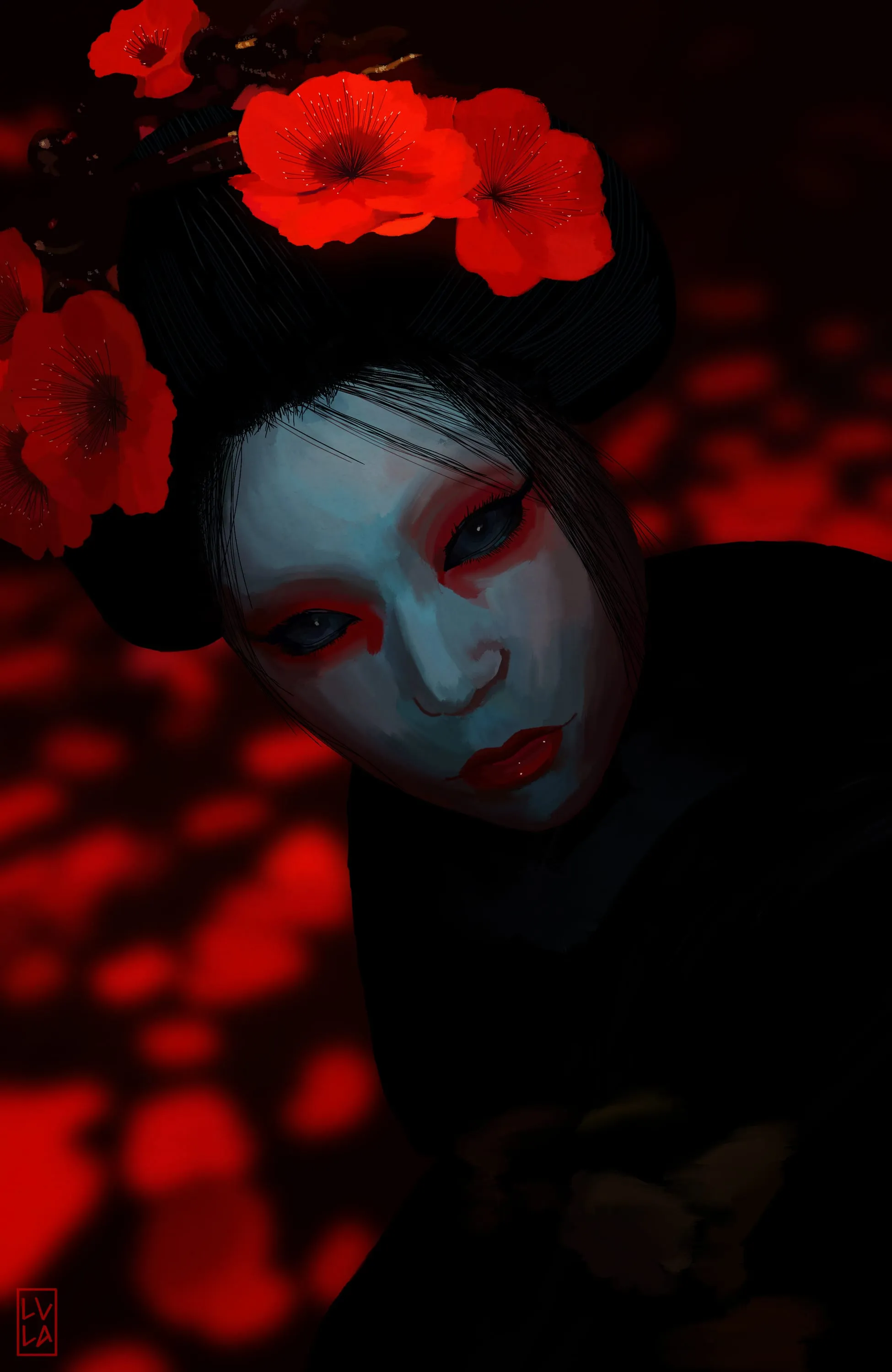 A pale face among red poppies in the dark