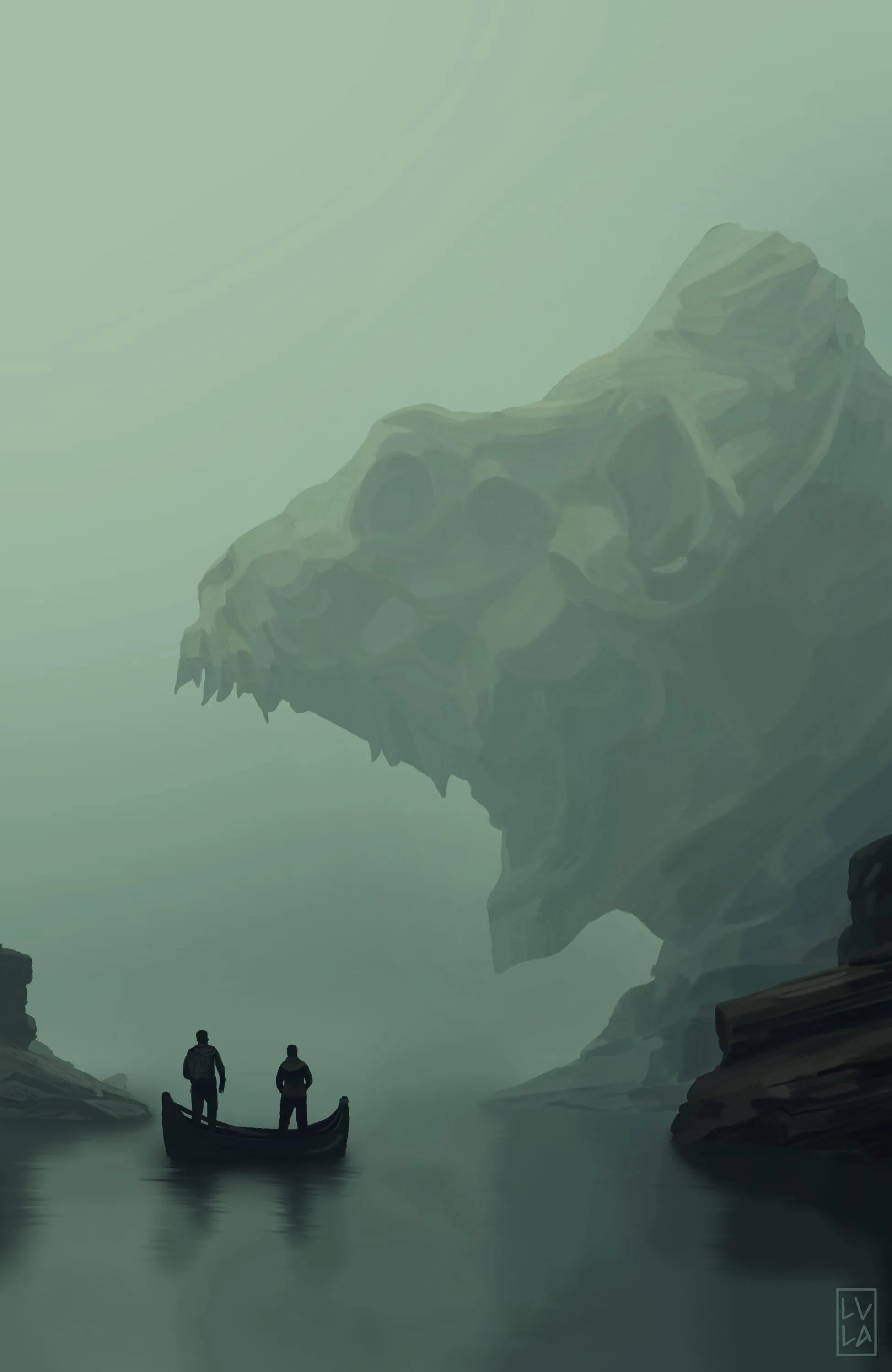 Two figures in a boat before a colossal creature in the fog