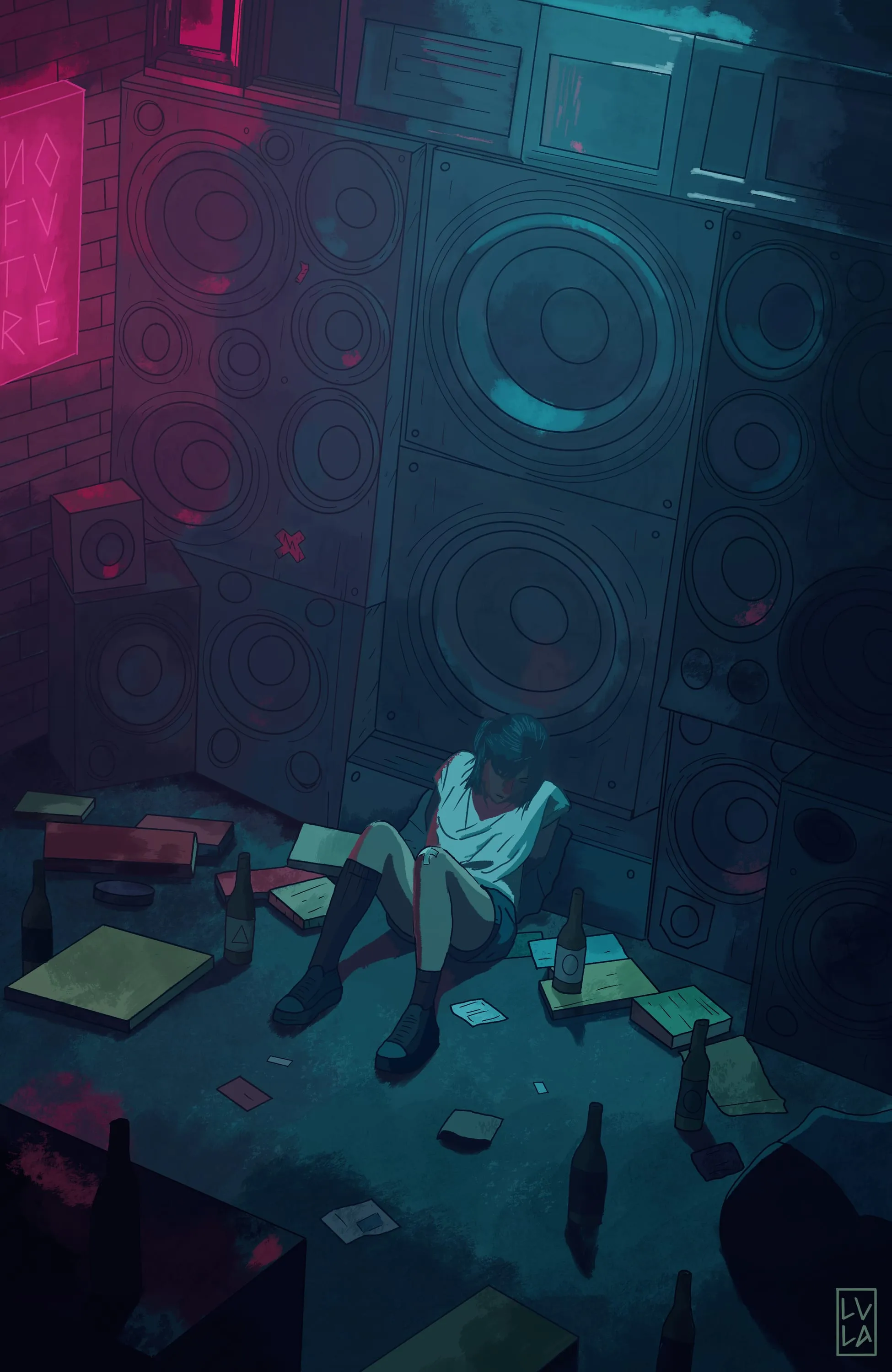 A lone figure in a wrecked, neon-lit room after a party