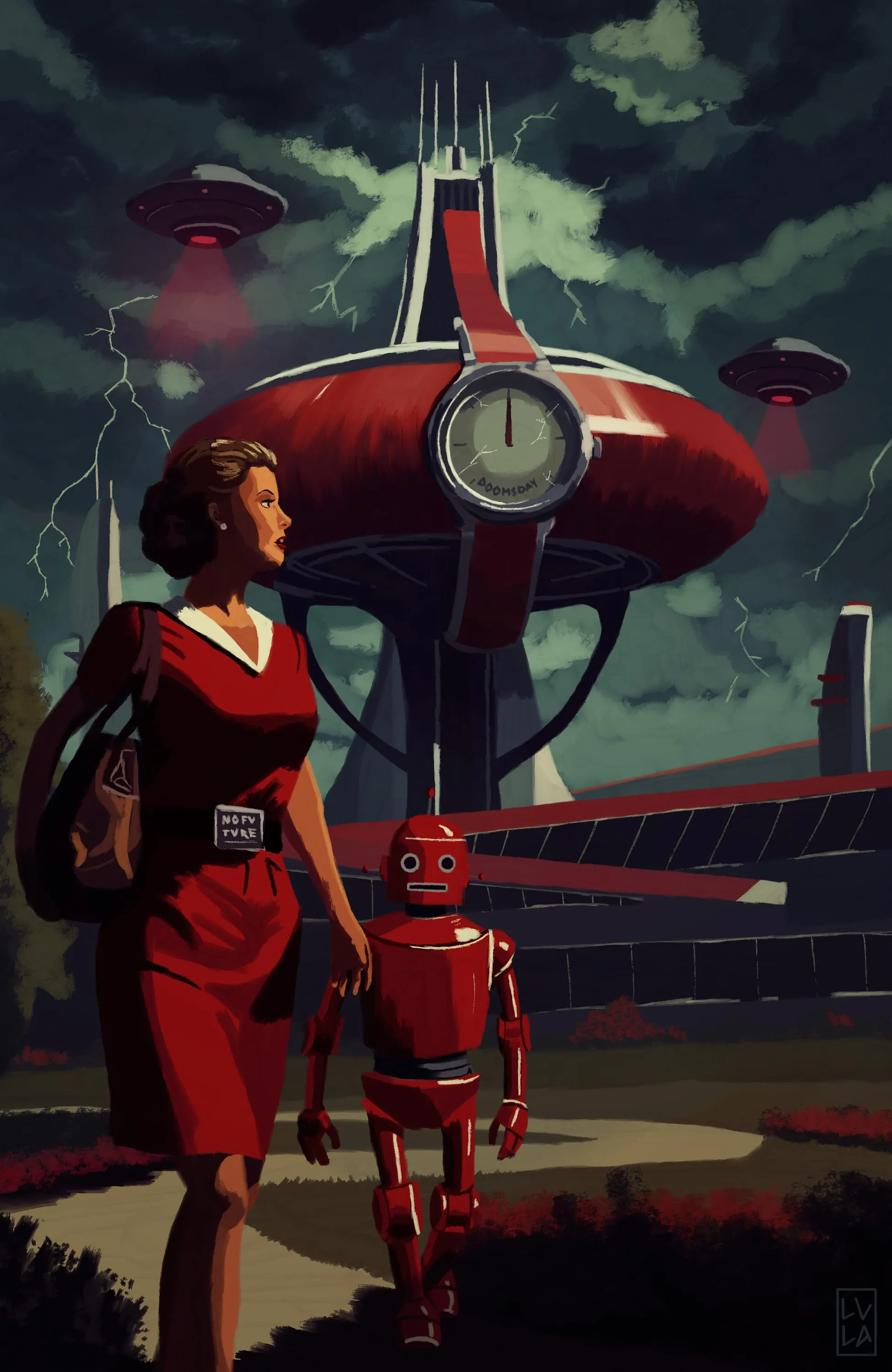 A woman in red walking away from a red clock tower under a storm